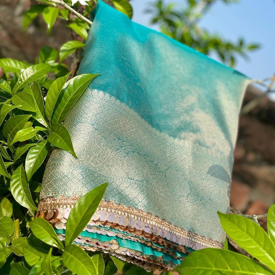 Aqua Green Janhvi Kapoor Inspired Tissue Silk Saree - Image 2