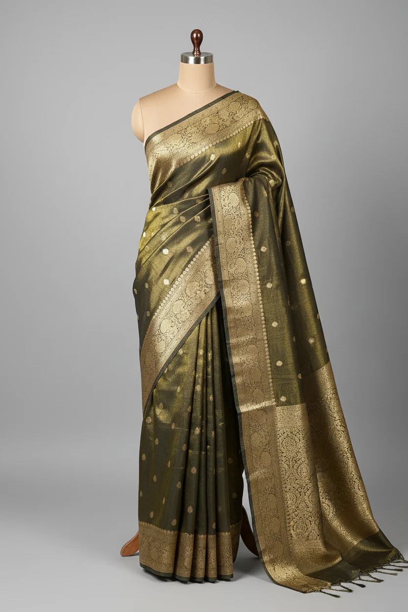 Ash Brown Premium Katan Tissue Banarasi Saree - Image 2