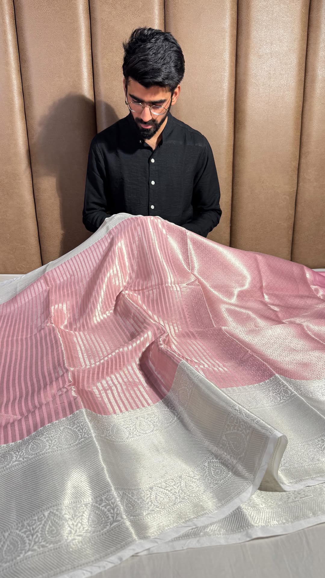 Baby Pink Kathan Tissue Silk Stripes Weave Banarasi Saree