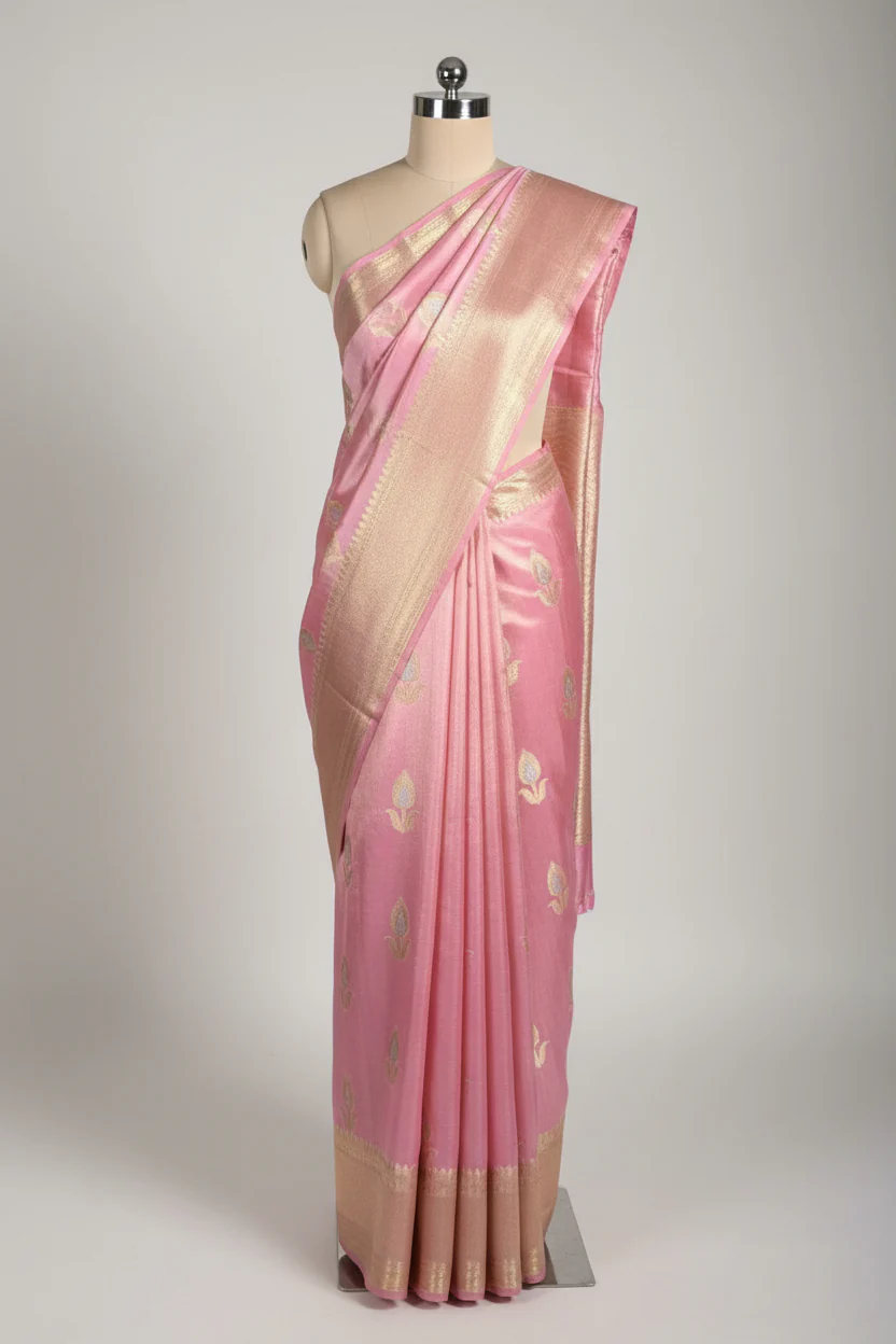 Barbie Pink Breathable Soft Tissue Banarasi Saree - Image 2