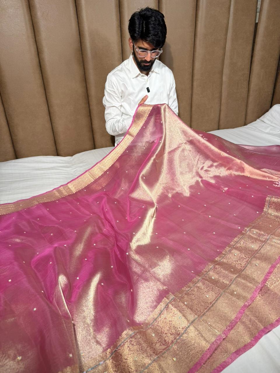 Barbie Pink Kora Tissue Silk Embroidered Saree - Image 3