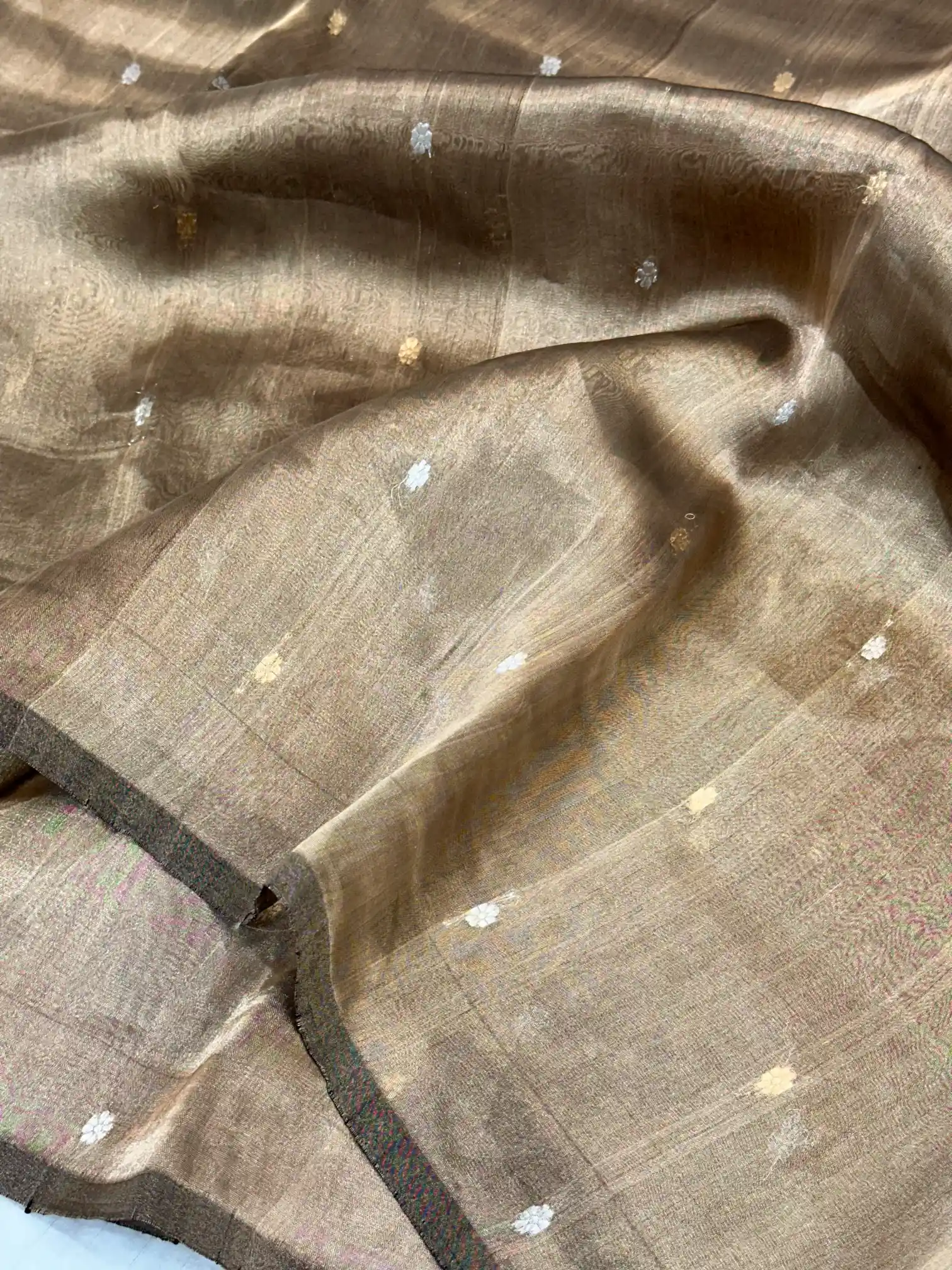 Beige Brown Handwoven Pure Tissue Silk Saree - Image 2