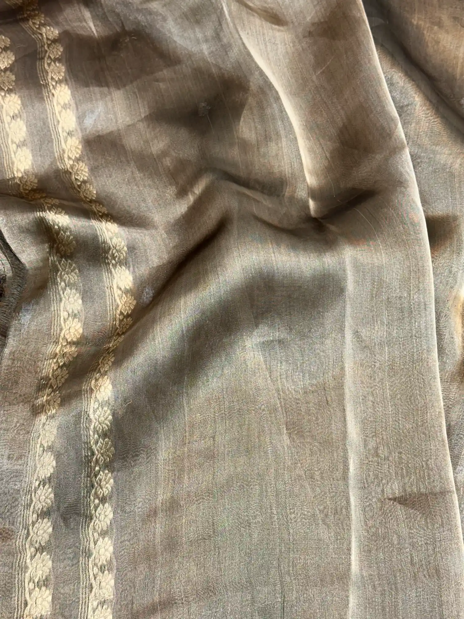 Beige Brown Handwoven Pure Tissue Silk Saree - Image 5
