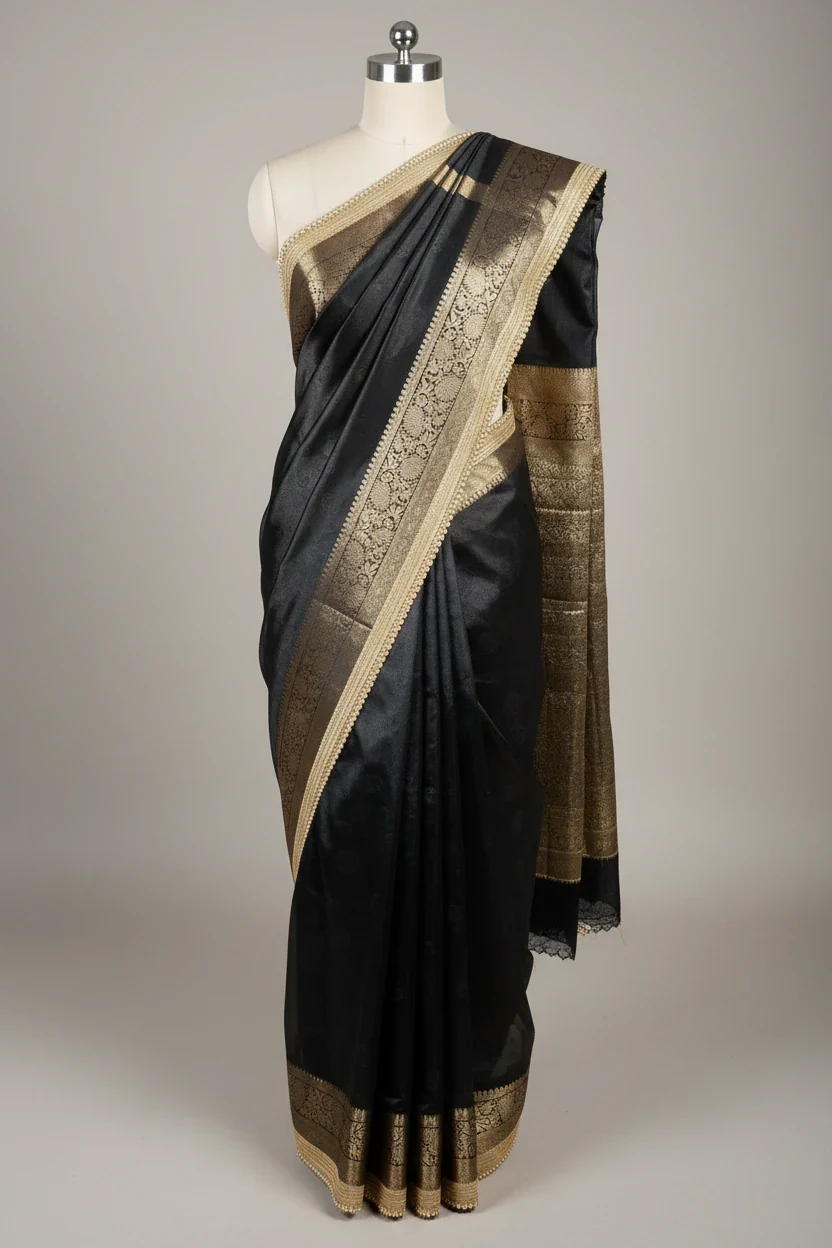Black Tissue Silk Designer Lace Attached Banarasi Saree - Image 2