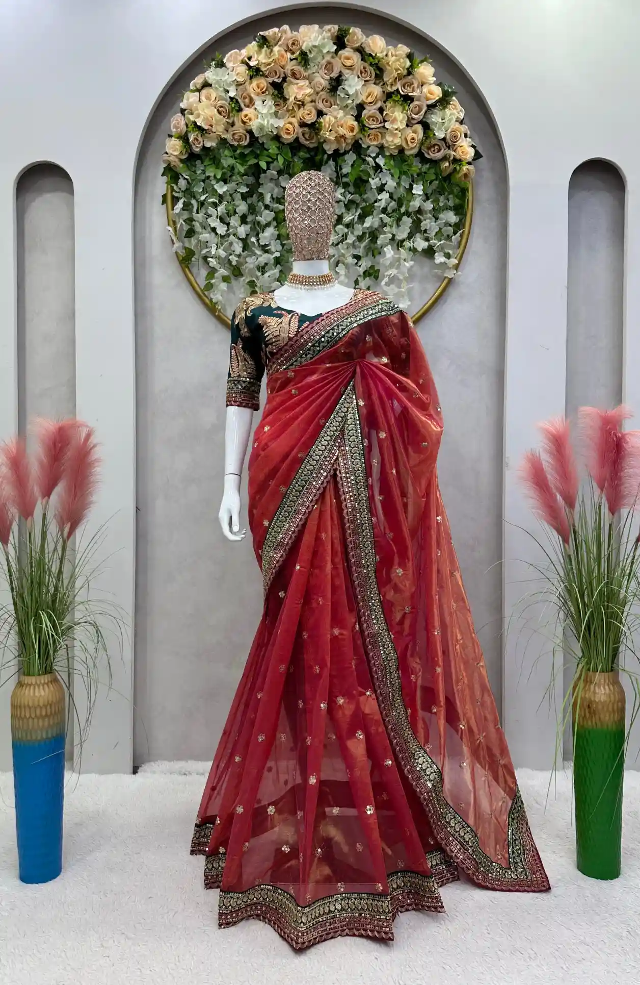 Bridal Peach Orange Shimmery Tissue Designer Saree - Image 2