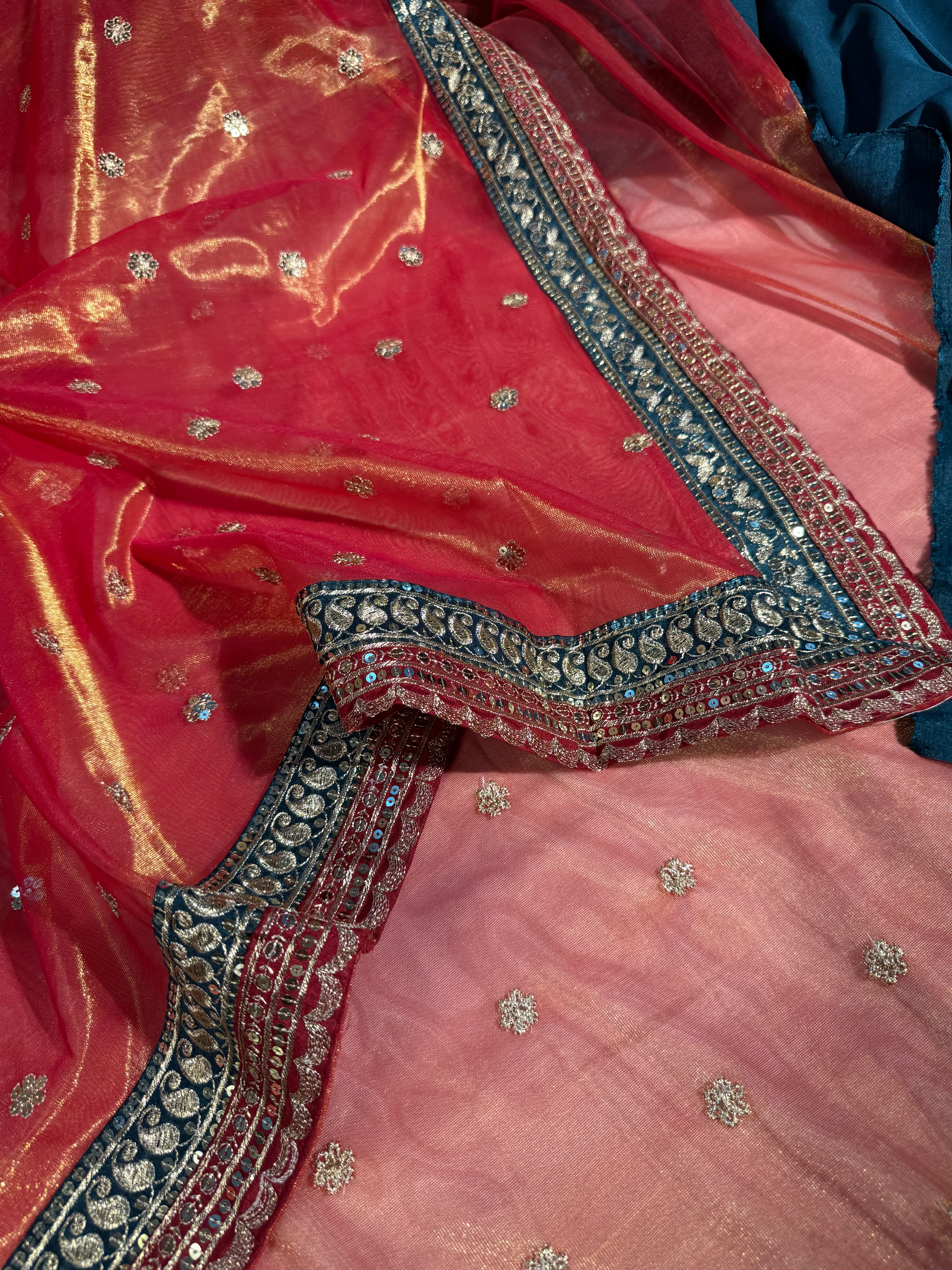 Bridal Peach Orange Shimmery Tissue Designer Saree - Image 3