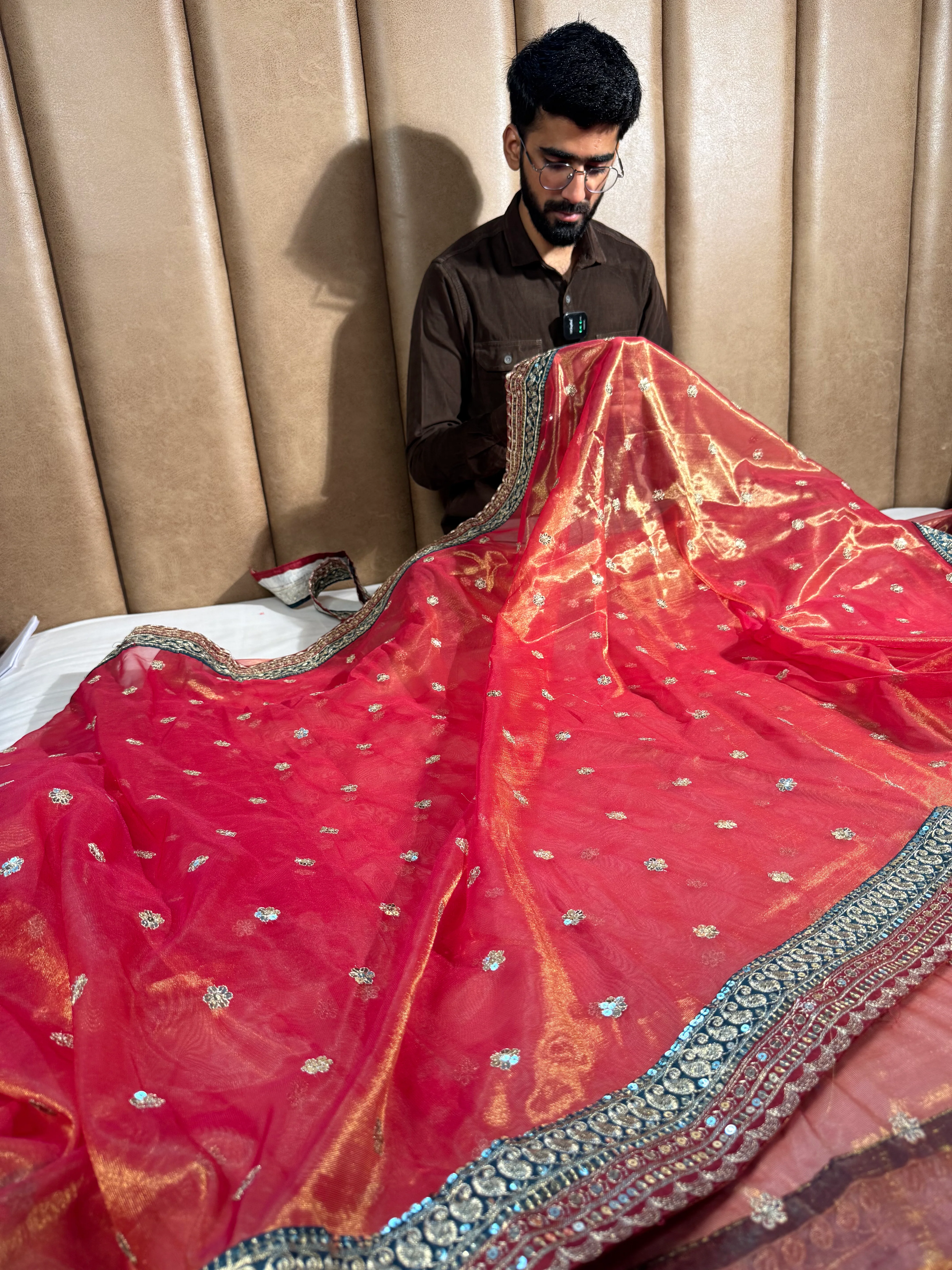 Bridal Peach Orange Shimmery Tissue Designer Saree - Image 4