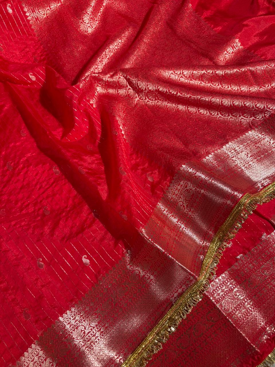 Bridal Red Chinia Silk Designer Lace Work Banarasi saree - Image 2