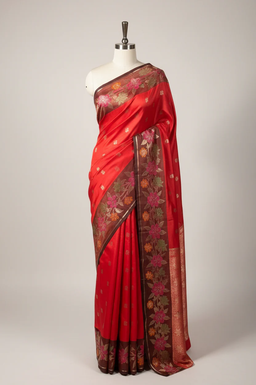 Bridal Red Floral Border Soft Banarasi Silk Saree - Image 2