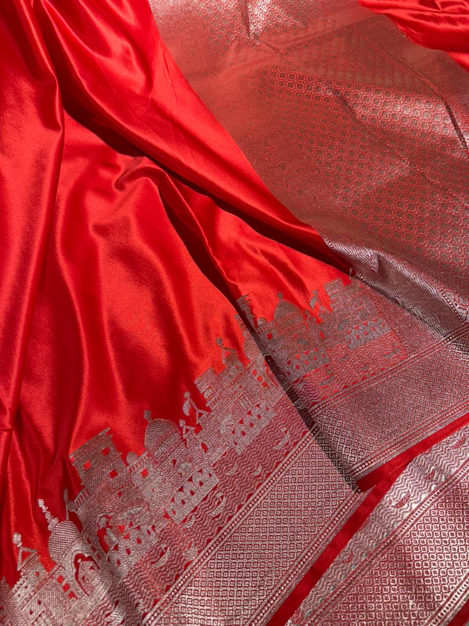 Bridal Red Mashru Katan Silk Ghats of Banaras Weave Banarasi Saree - Image 3