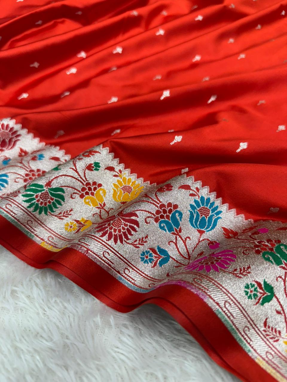 Bridal Red Mashru Katan Silk Paithani Banarasi Saree - Image 4