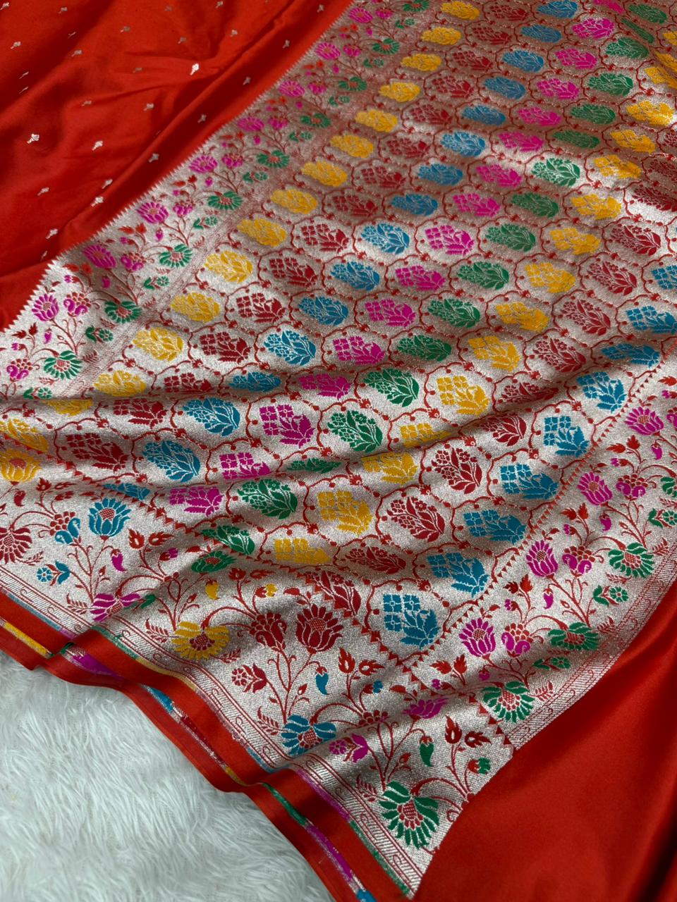 Bridal Red Mashru Katan Silk Paithani Banarasi Saree - Image 5