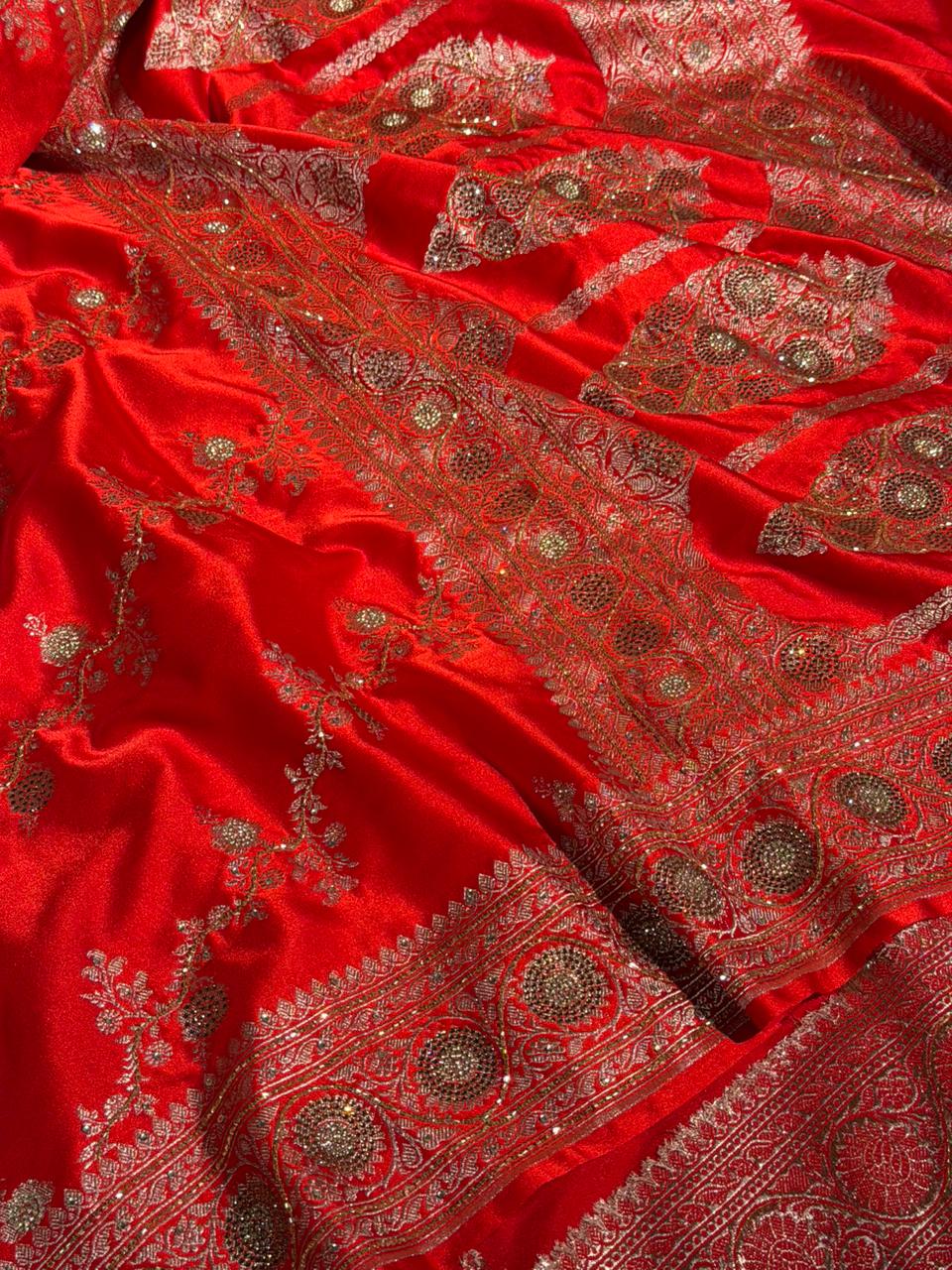 Bridal Red Mashru Katan Silk Swarovski Handwork Saree - Image 3