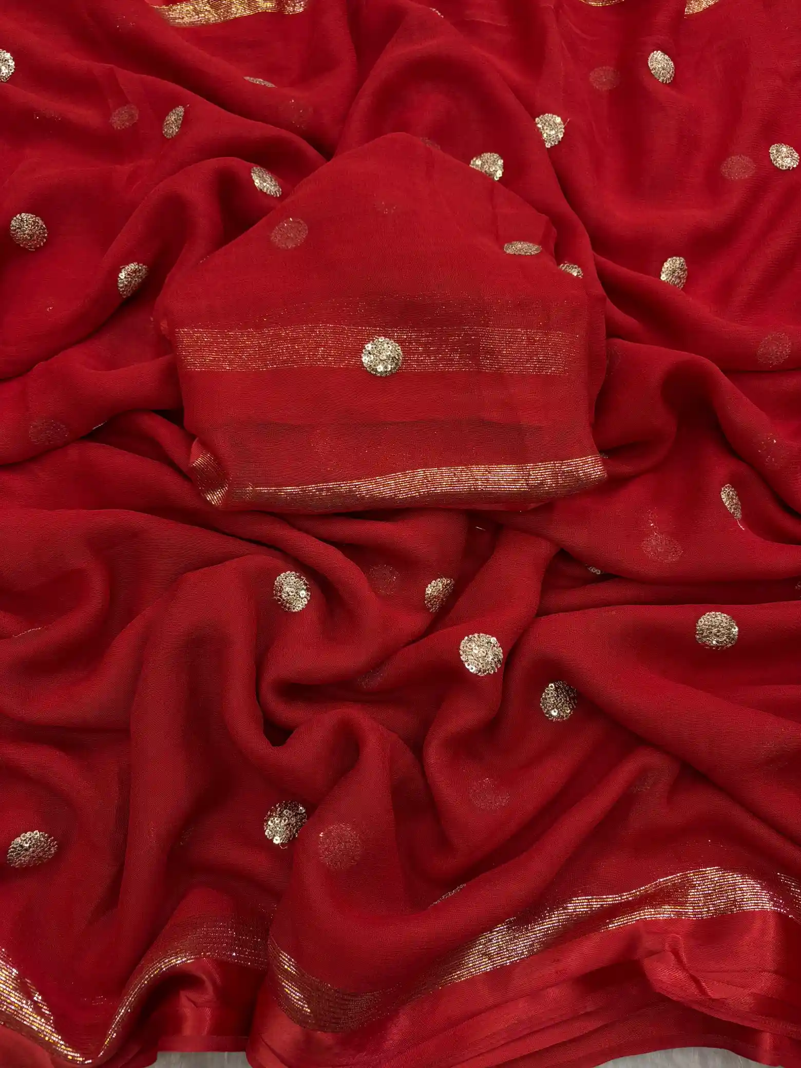 Bridal Red Viscose Satin Silk Sequins Buti Work Saree - Image 2