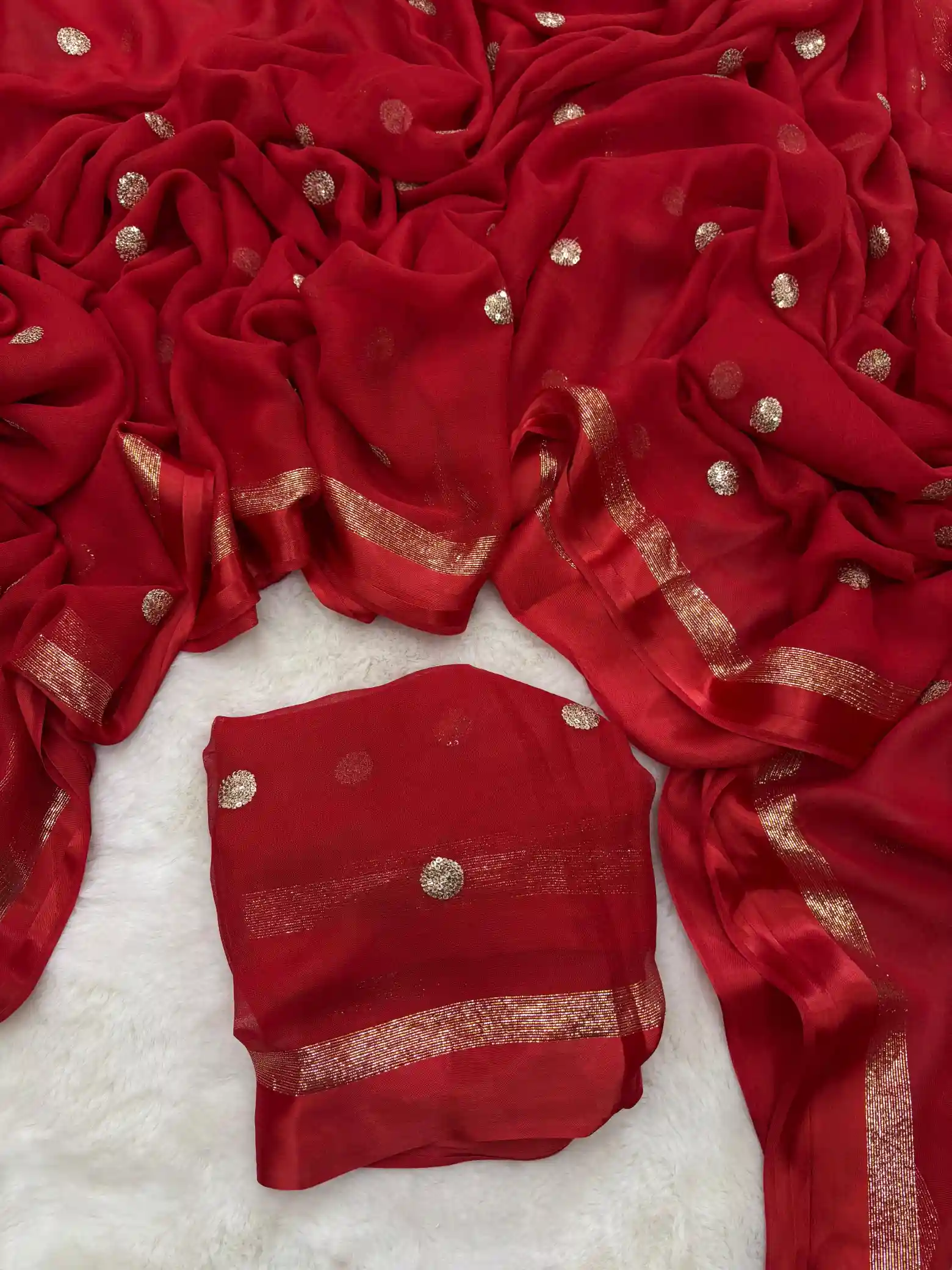 Bridal Red Viscose Satin Silk Sequins Buti Work Saree - Image 3