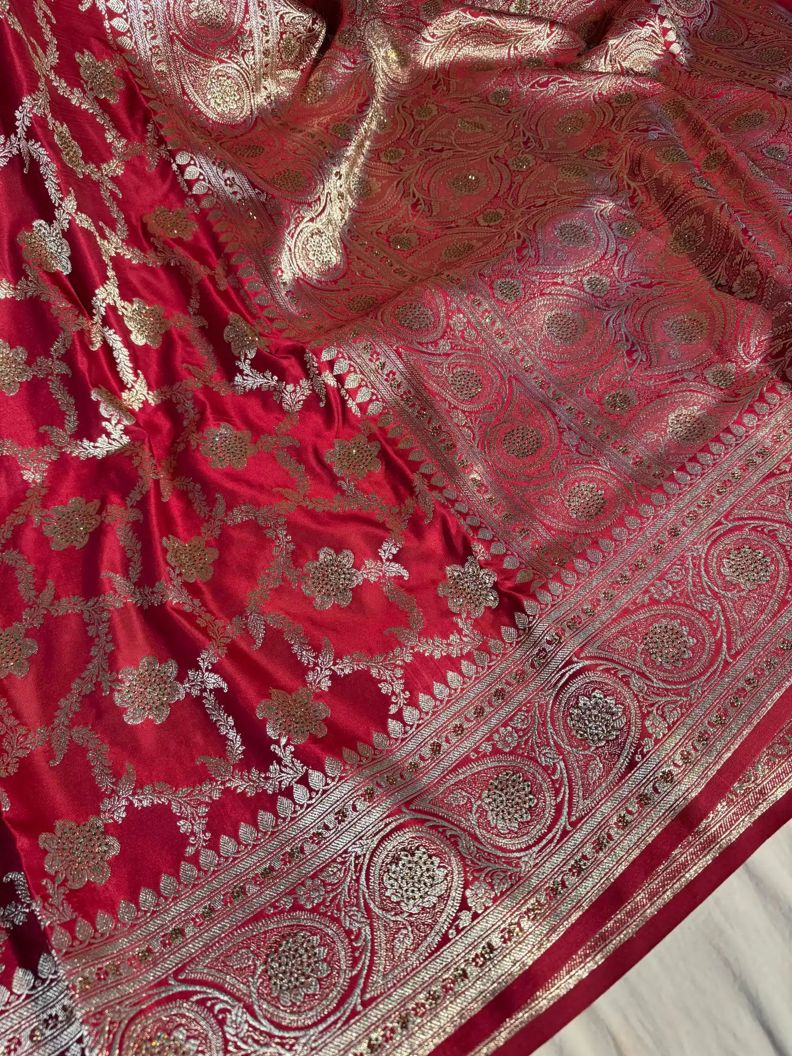 Bright Maroon Premium Banarasi Satin Silk Saree with Rich Pallu and Stone Work - Image 2