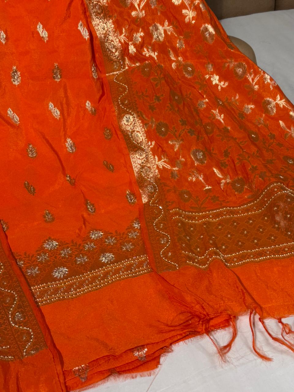 Bright Orange Chinia Silk Premium Handwork Suit - Image 2