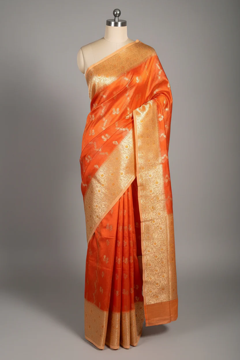 Bright orange intricate weave raw dupion silk saree - Image 2