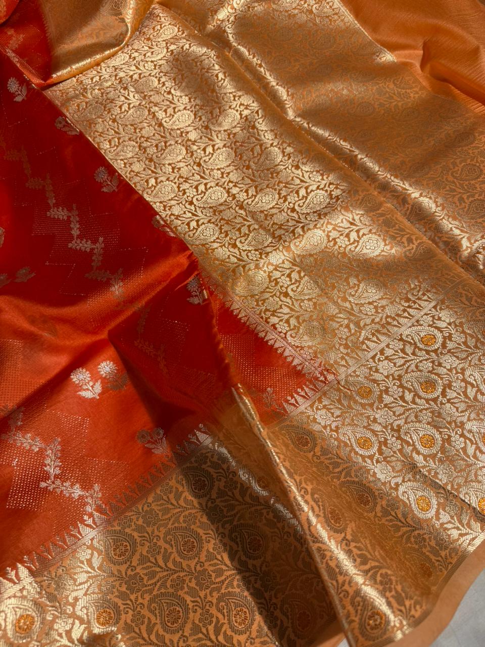 Bright orange intricate weave raw dupion silk saree - Image 3