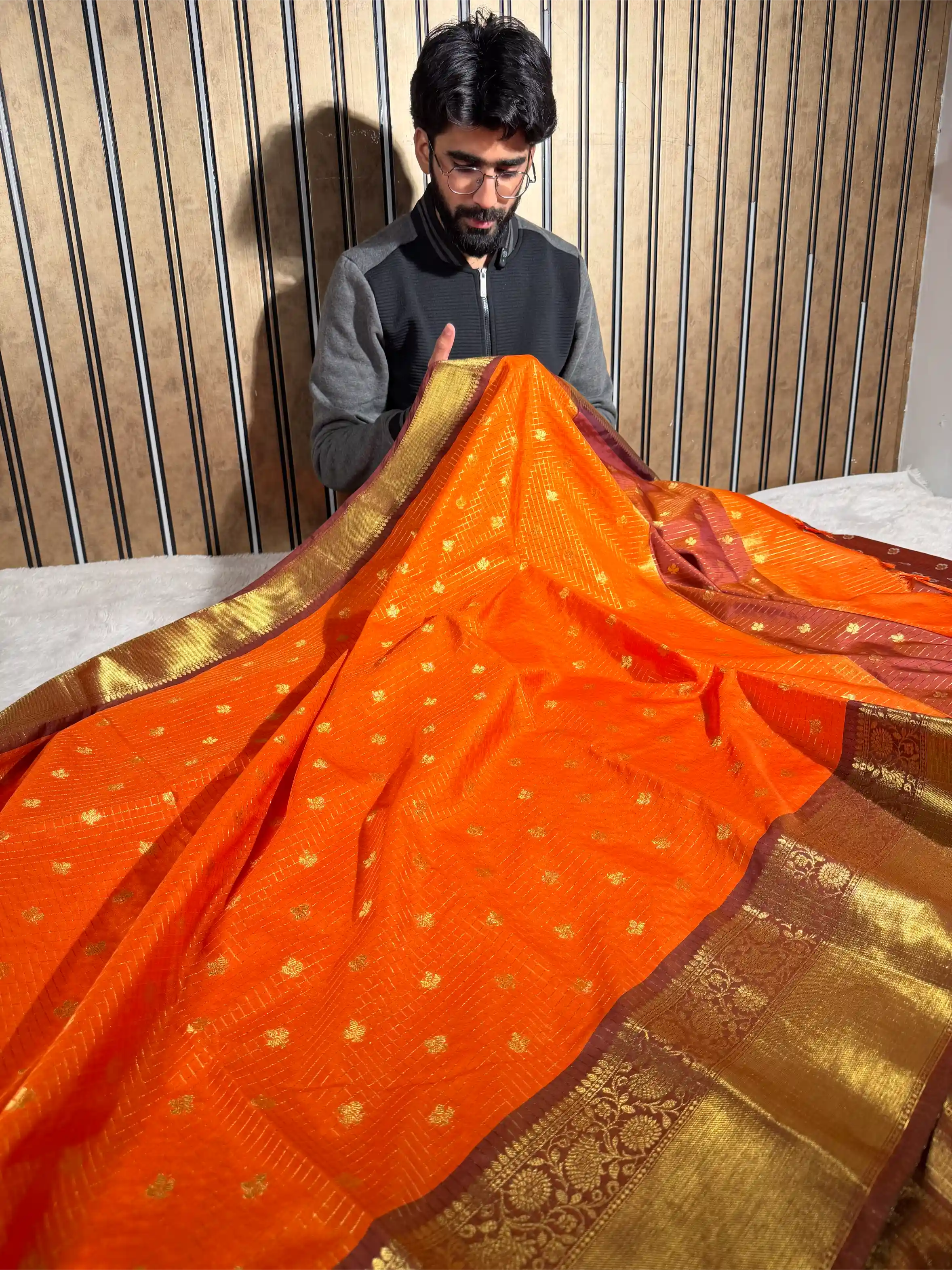 Bright Orange Kanchi Silk Maheshwari Checks Banarasi Saree - Image 4