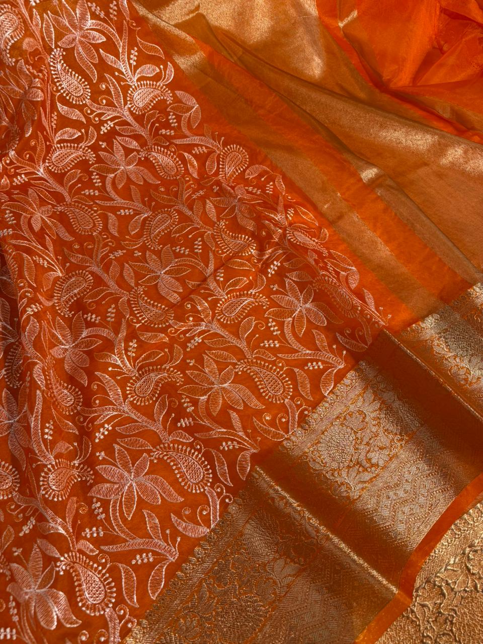 Bright Orange Kora Organza Chikankari Embroidered Banarasi Saree - Image 3
