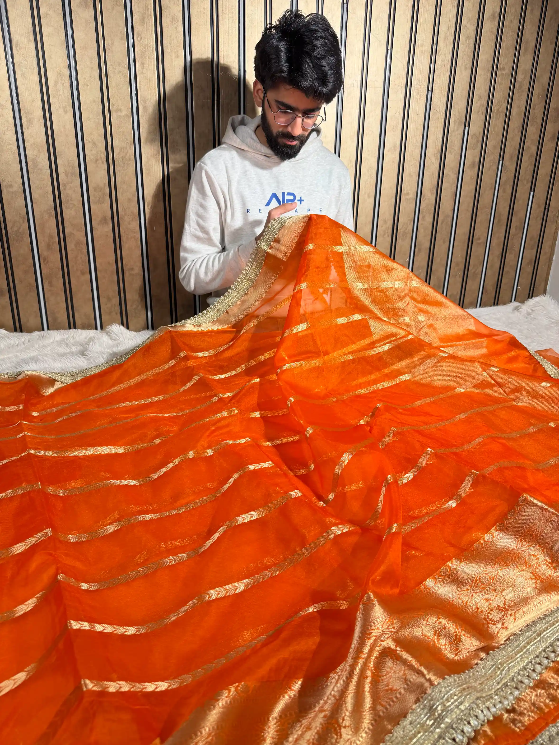 Bright Orange Kora Organza Silk Heavy Lace Work Banarasi Saree - Image 3