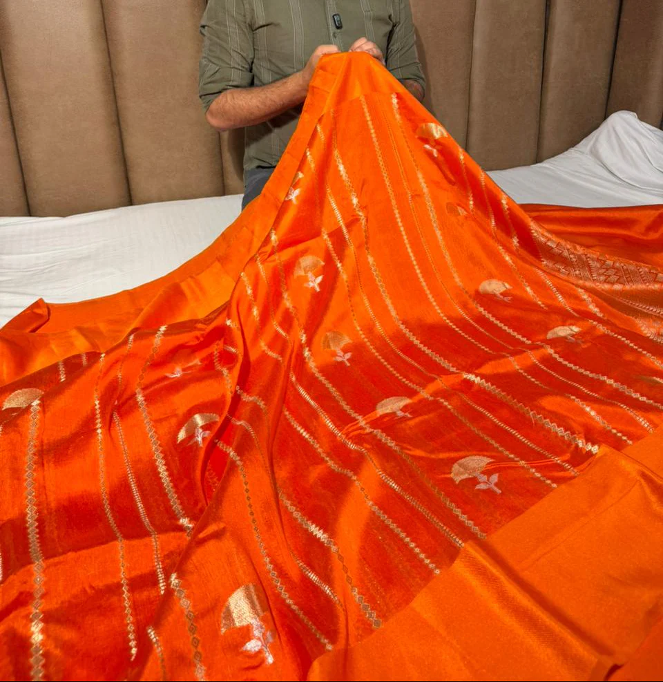 Bright Orange Mango Silk Heritage Banarasi Saree - Image 3