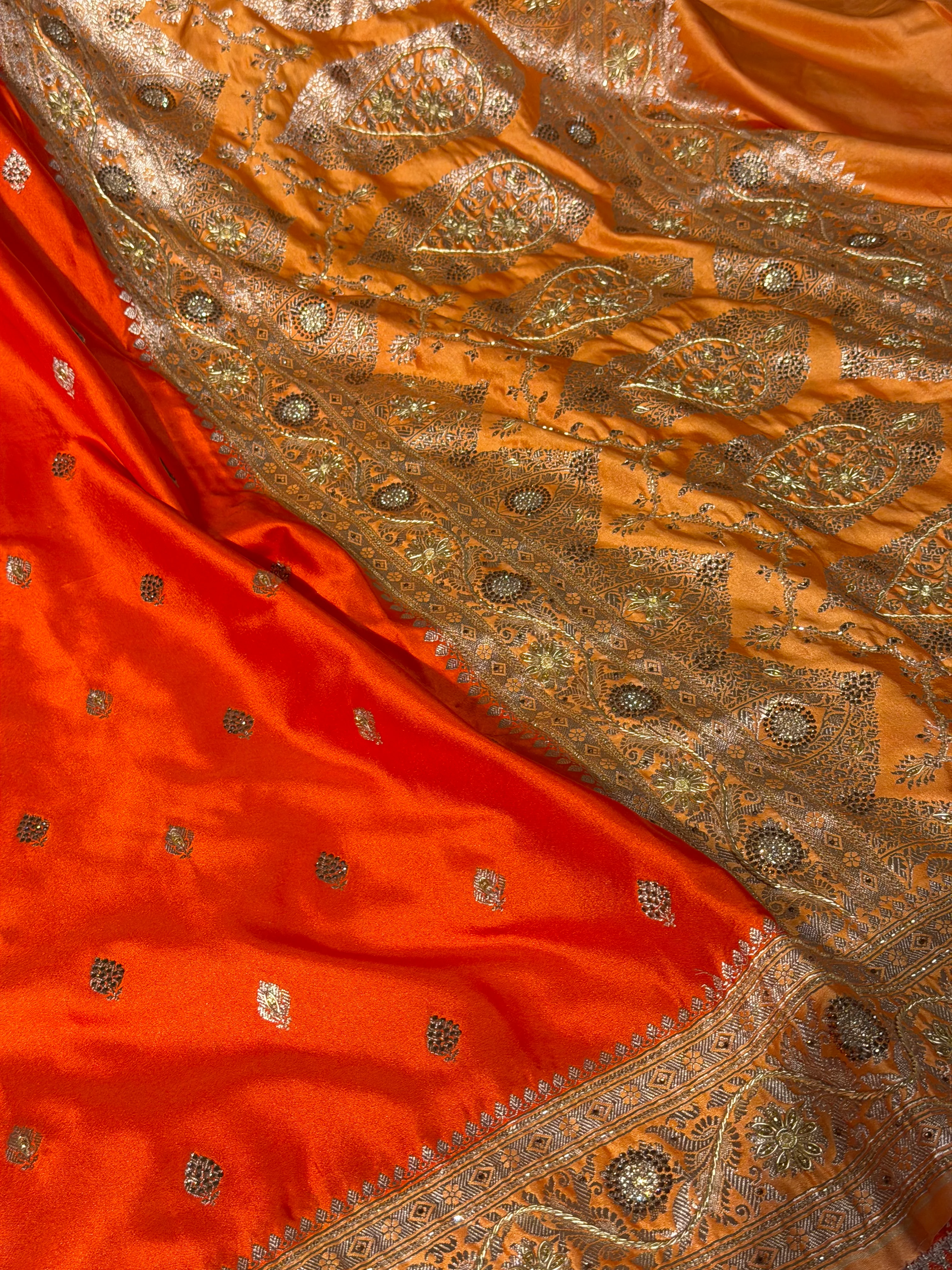 Bright Orange Mashru Katan Premium Handwork Saree - Image 2