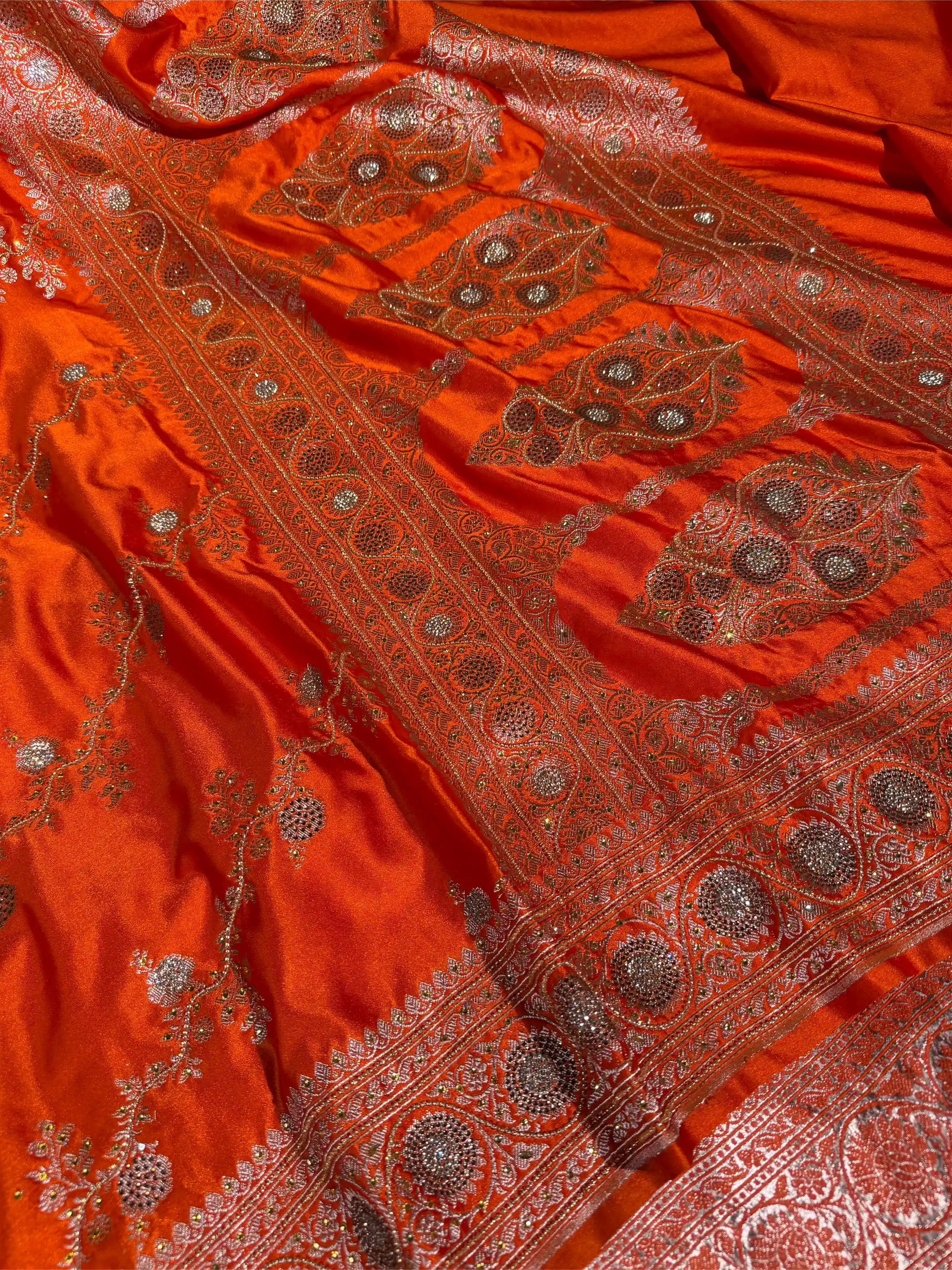 Bright Orange Mashru Katan Silk Aari and Stone Work Banarasi Saree - Image 2