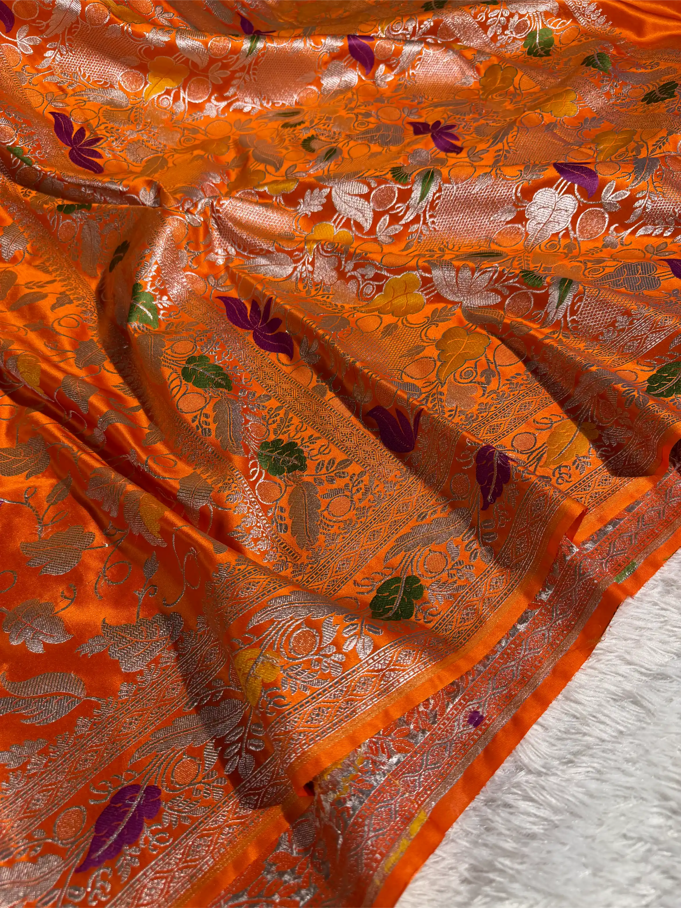 Bright Orange Mashru Katan Silk Tilfi Meena Banarasi Saree - Image 2