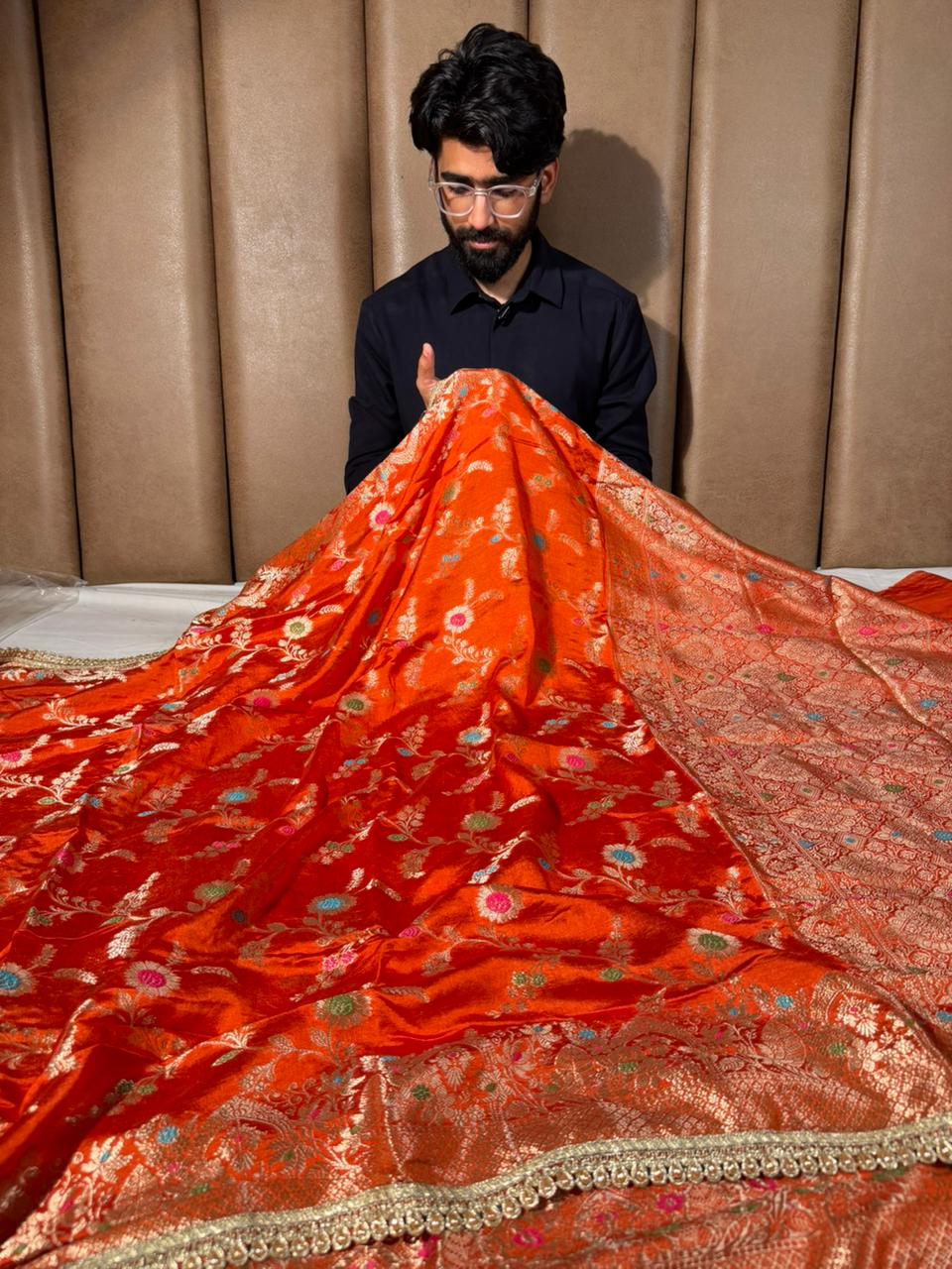 Bright Orange Premium Dupion Silk Lace Work Saree