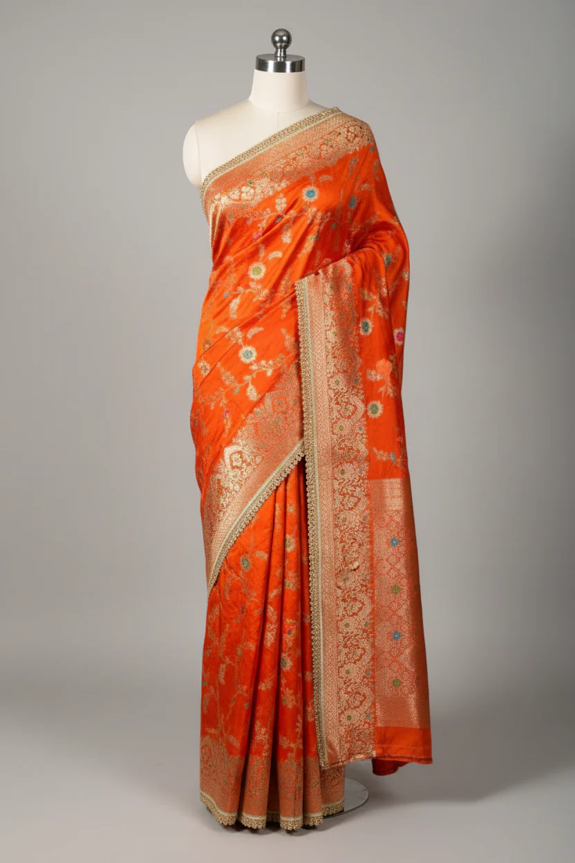 Bright Orange Premium Dupion Silk Lace Work Saree - Image 2