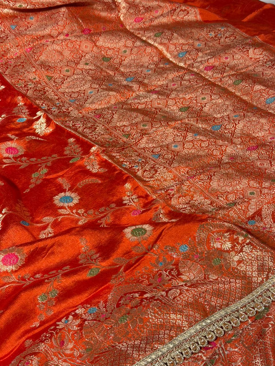 Bright Orange Premium Dupion Silk Lace Work Saree - Image 3