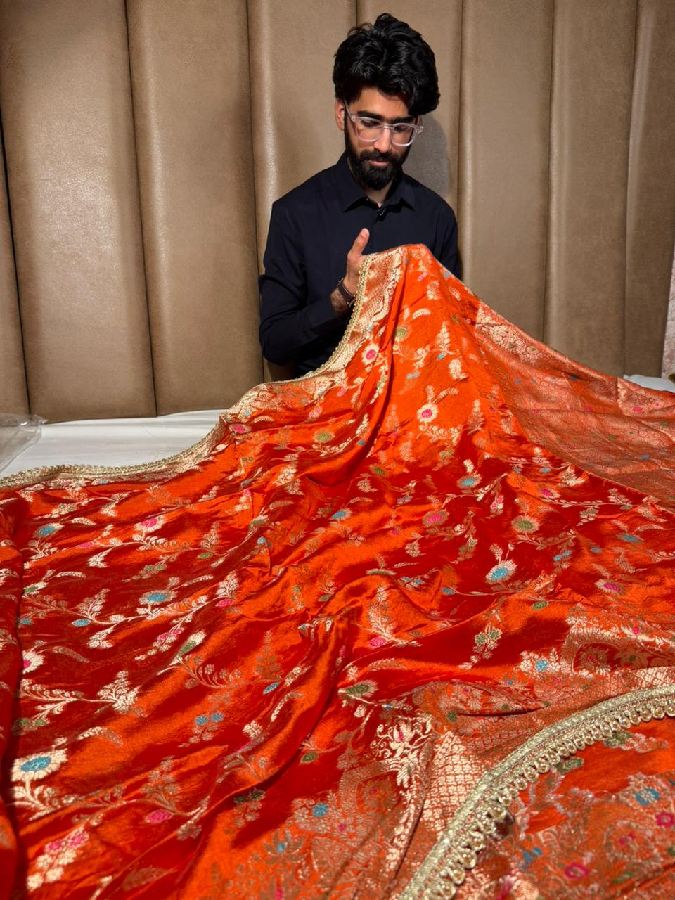 Bright Orange Premium Dupion Silk Lace Work Saree - Image 4