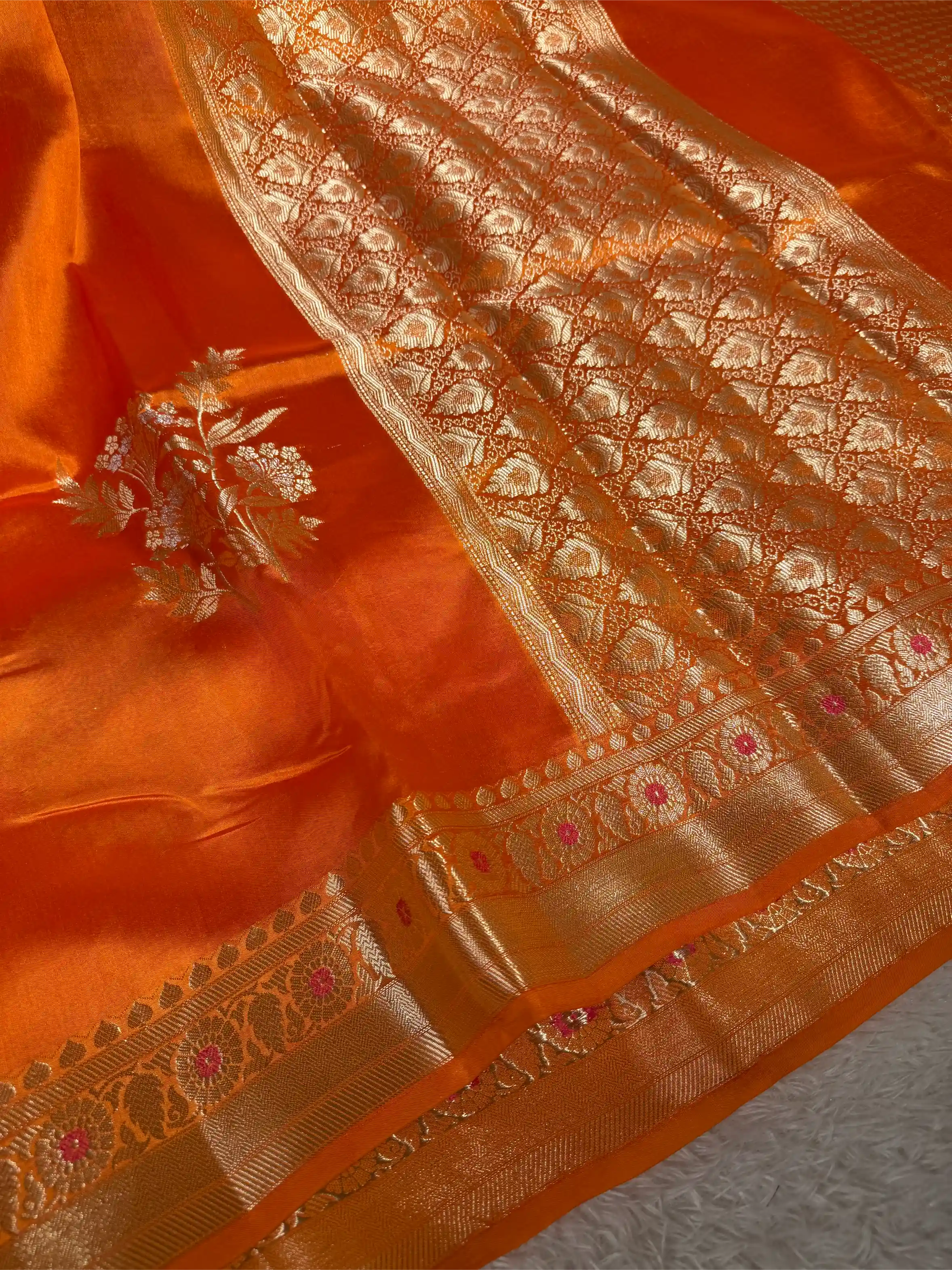 Bright Orange Pure Mango Silk Banarasi Saree - Image 2