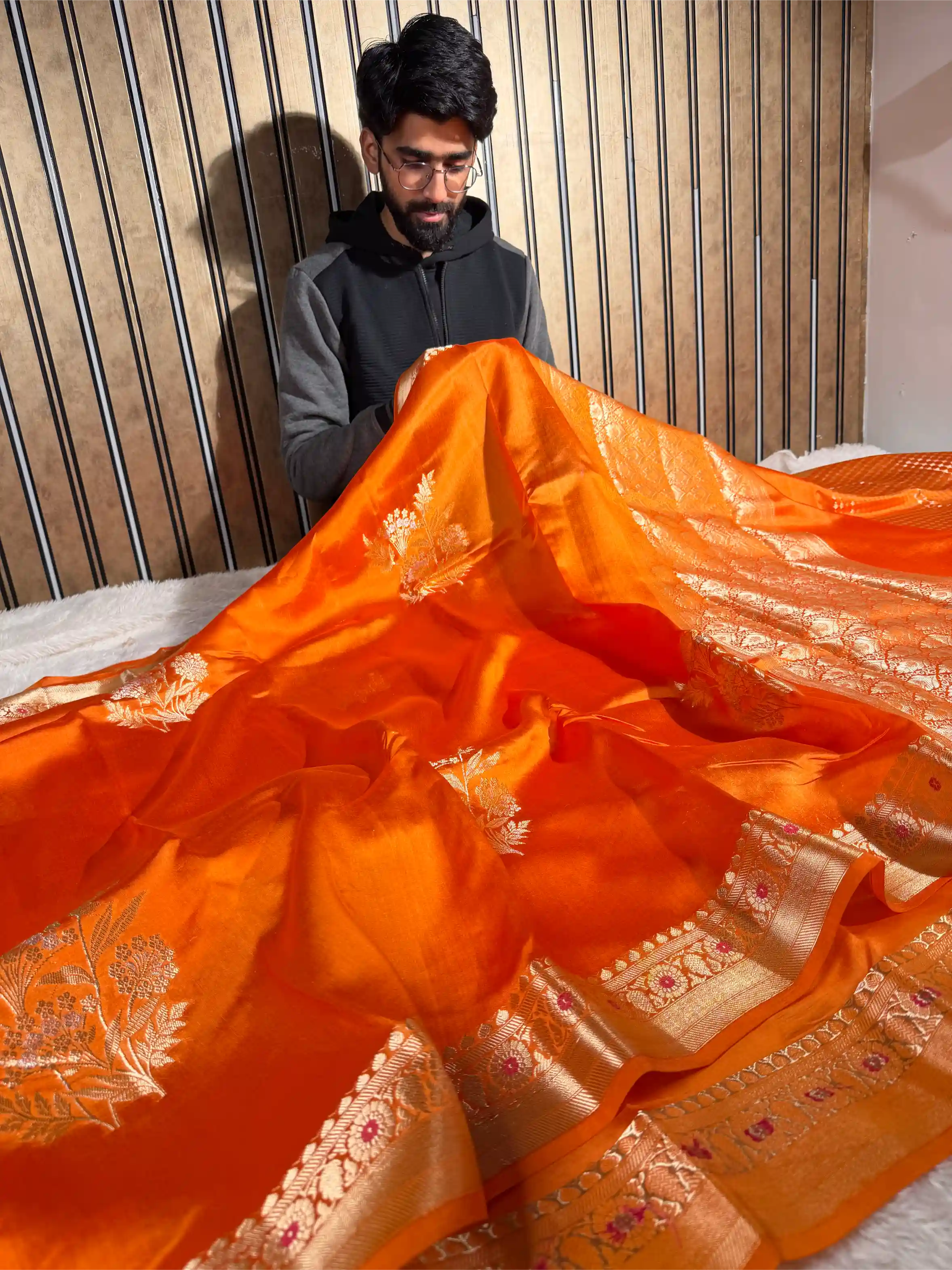 Bright Orange Pure Mango Silk Banarasi Saree - Image 3