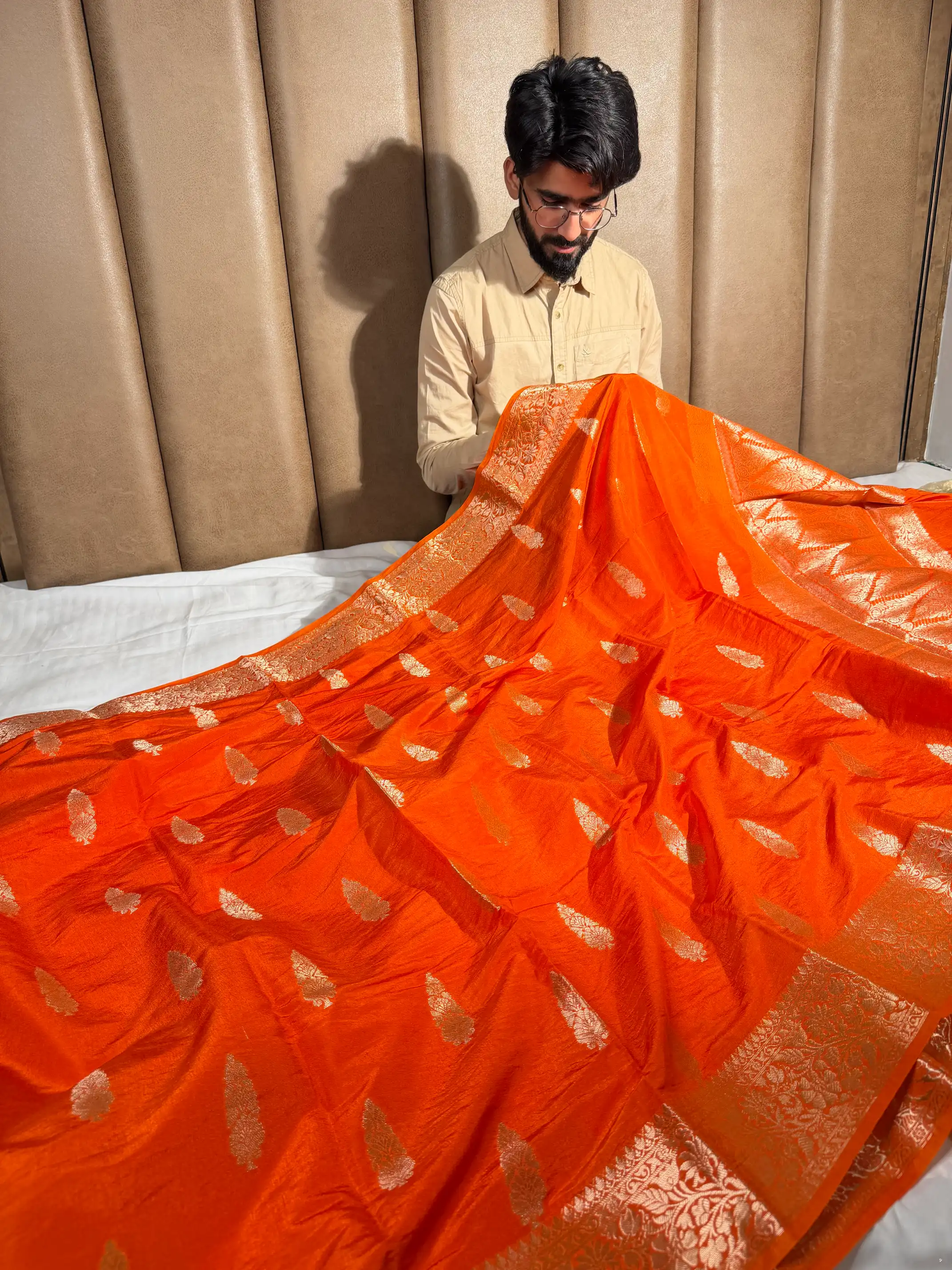 Bright Orange Traditional Chinia Silk Banarasi Saree - Image 4