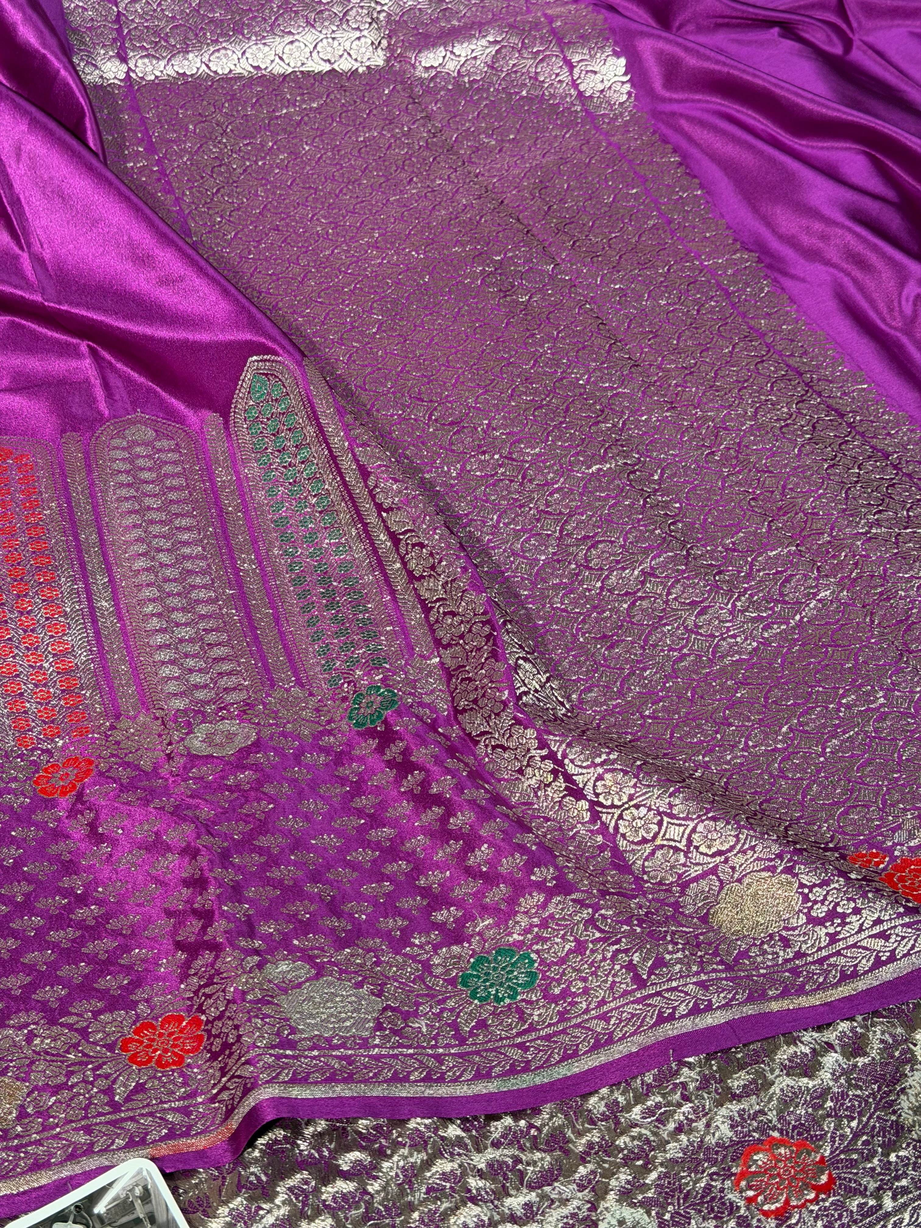 Bright Purple Contemporary Meenakari Mashru Banarasi Saree - Image 2