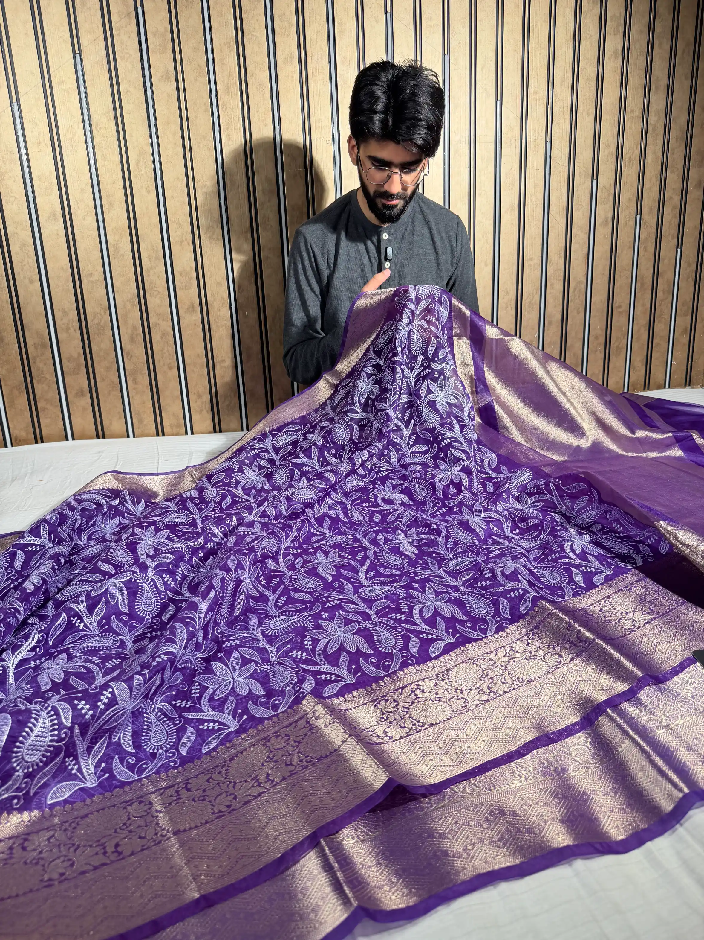 Bright Purple Kora Organza Chikankari Embroidered Banarasi Saree - Image 3