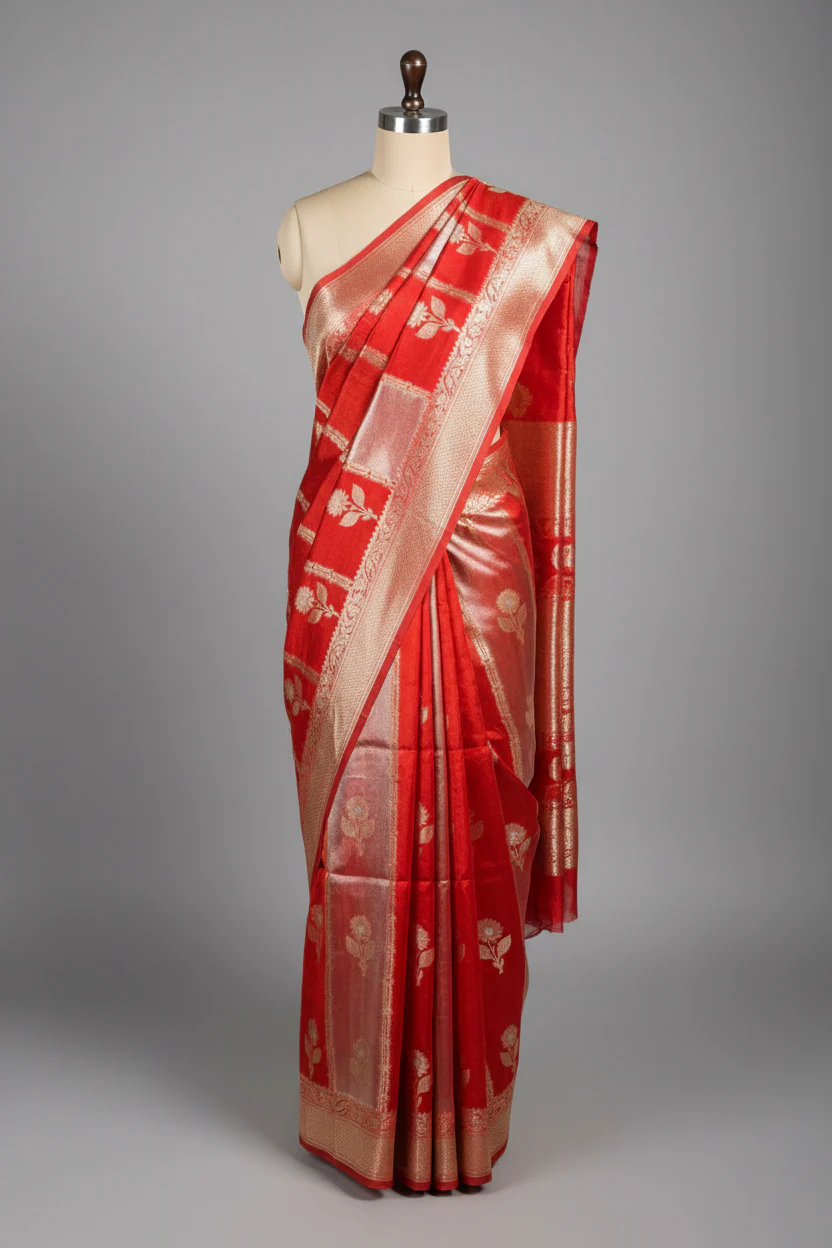 Bright red rangkat chinia tissue saree - Image 2
