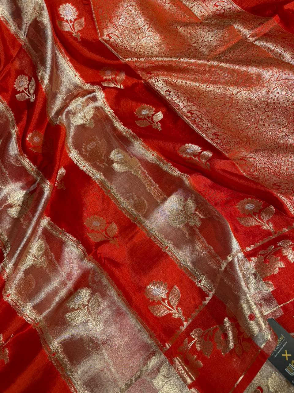 Bright red rangkat chinia tissue saree - Image 3