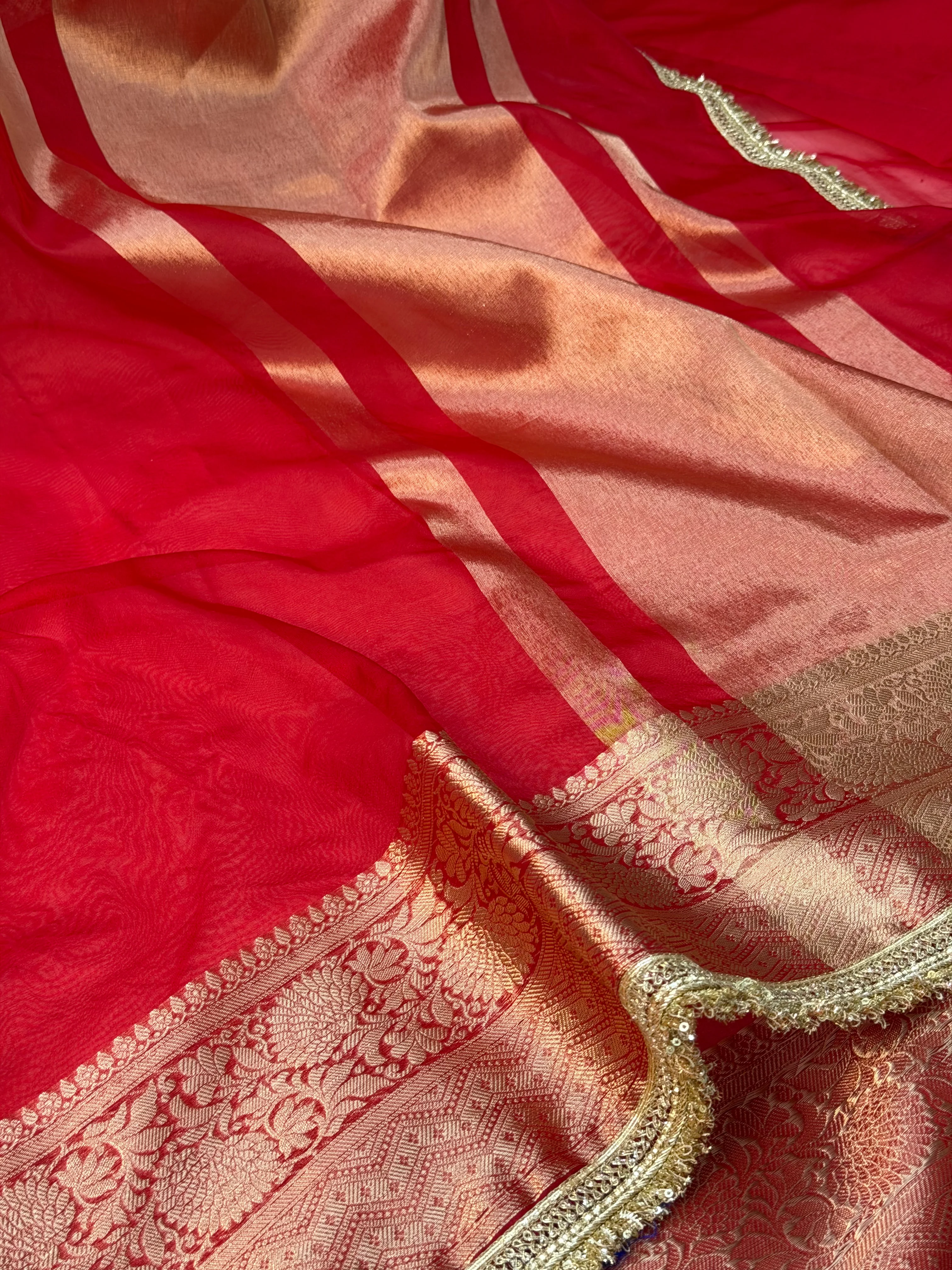 Bright Red Shade Organza Silk Designer Saree - Image 2