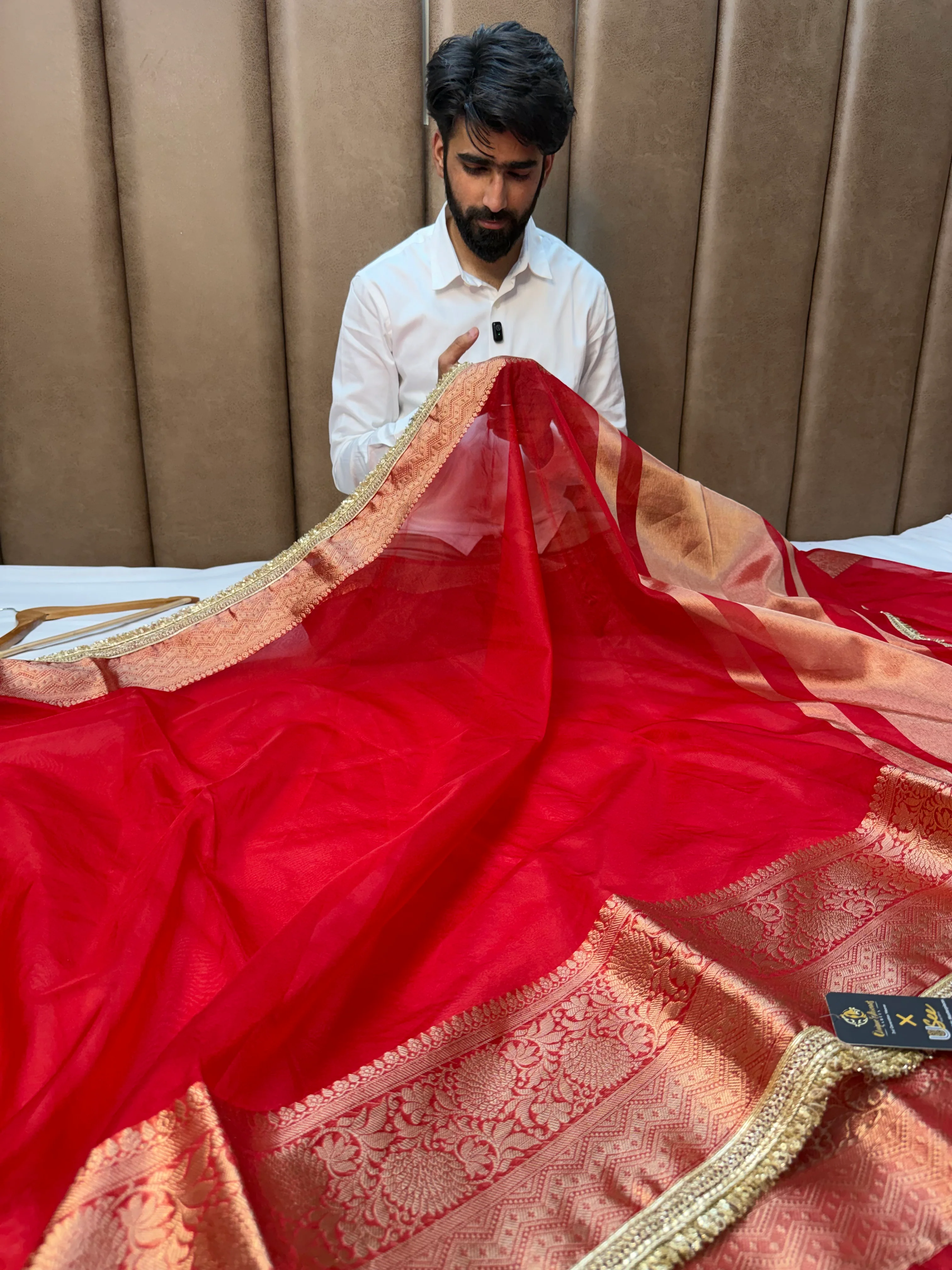 Bright Red Shade Organza Silk Designer Saree - Image 3