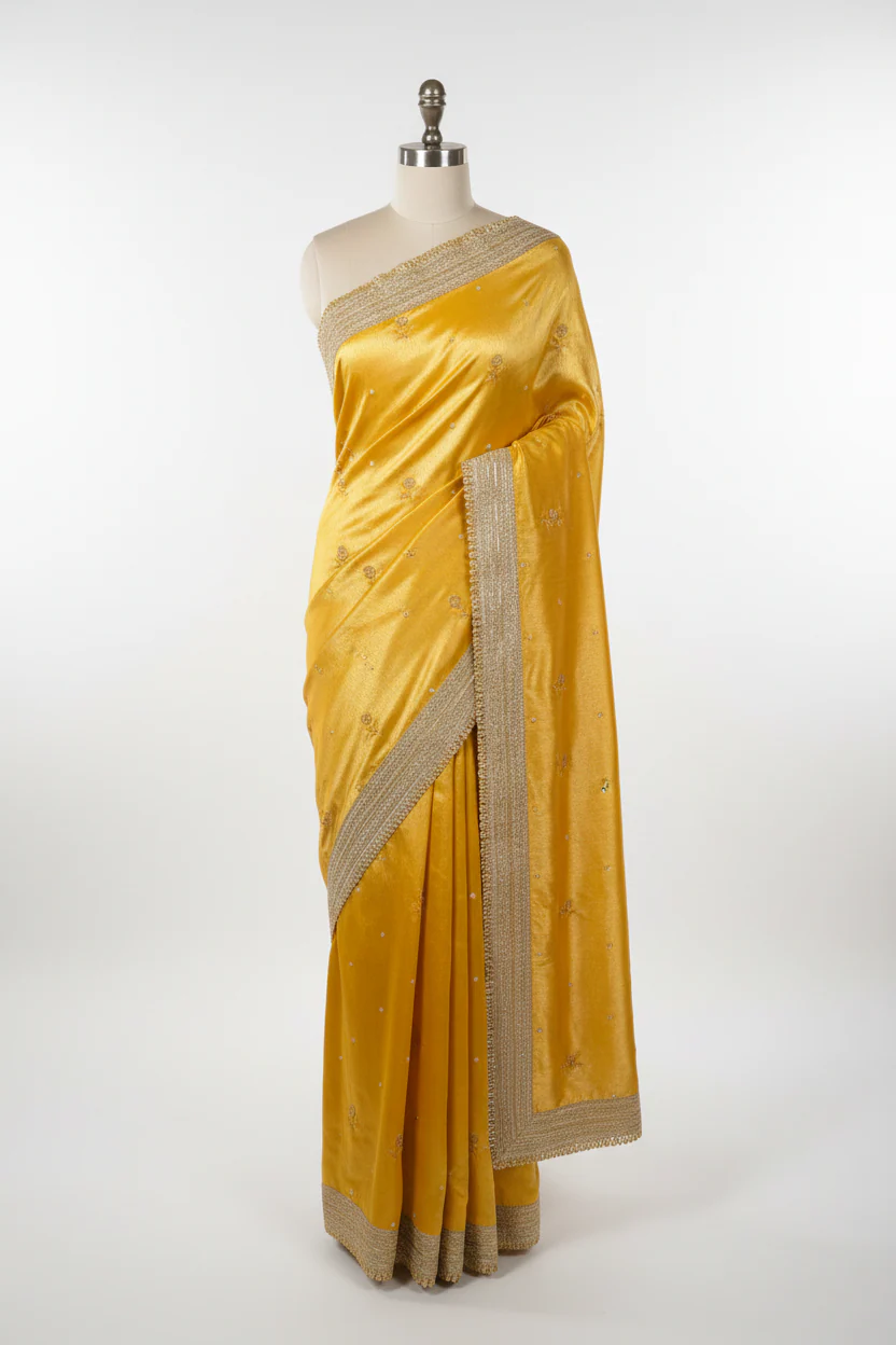 Bright Yellow Tissue Silk Premium Handwork Saree - Image 2