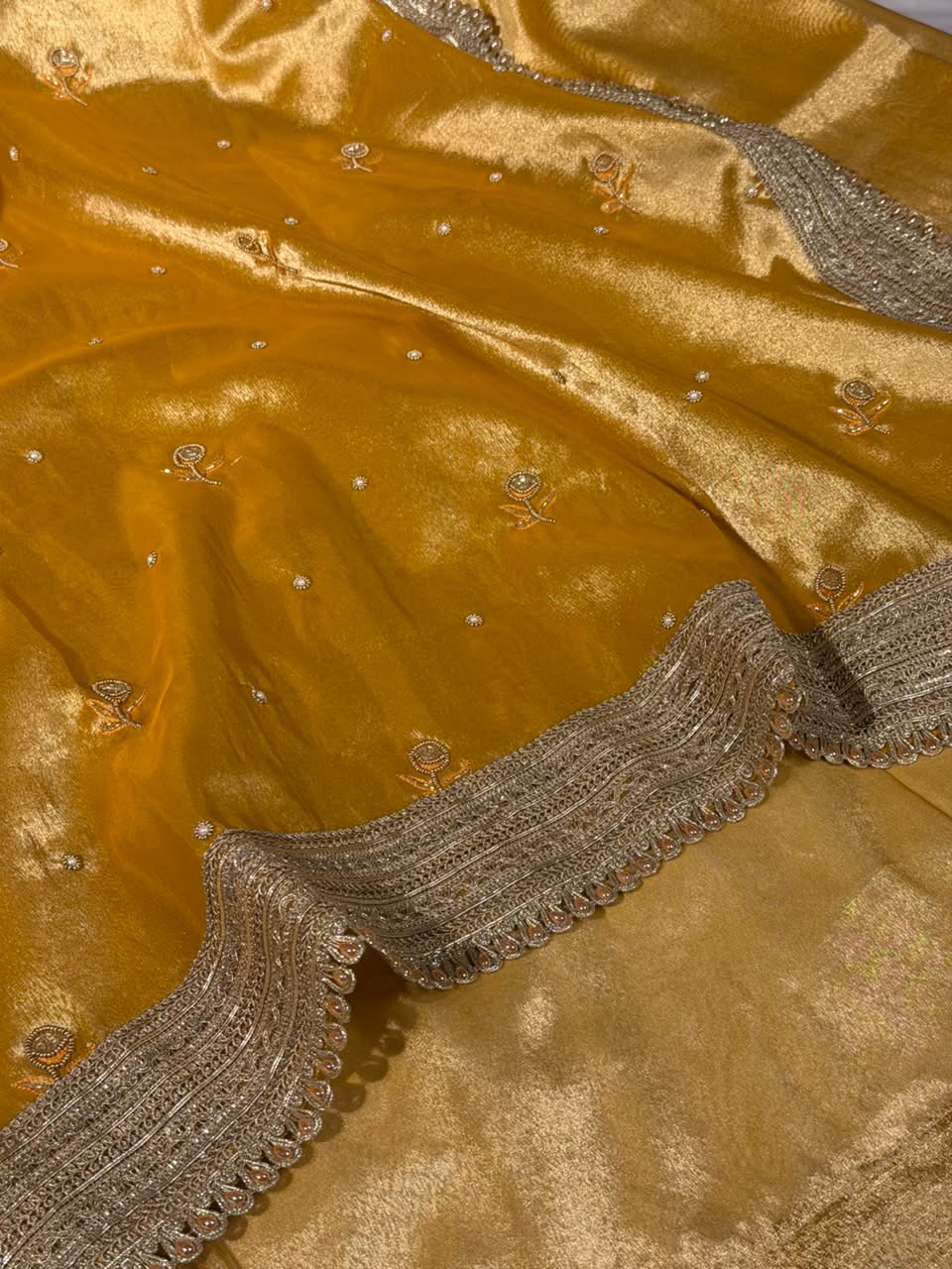 Bright Yellow Tissue Silk Premium Handwork Saree - Image 3