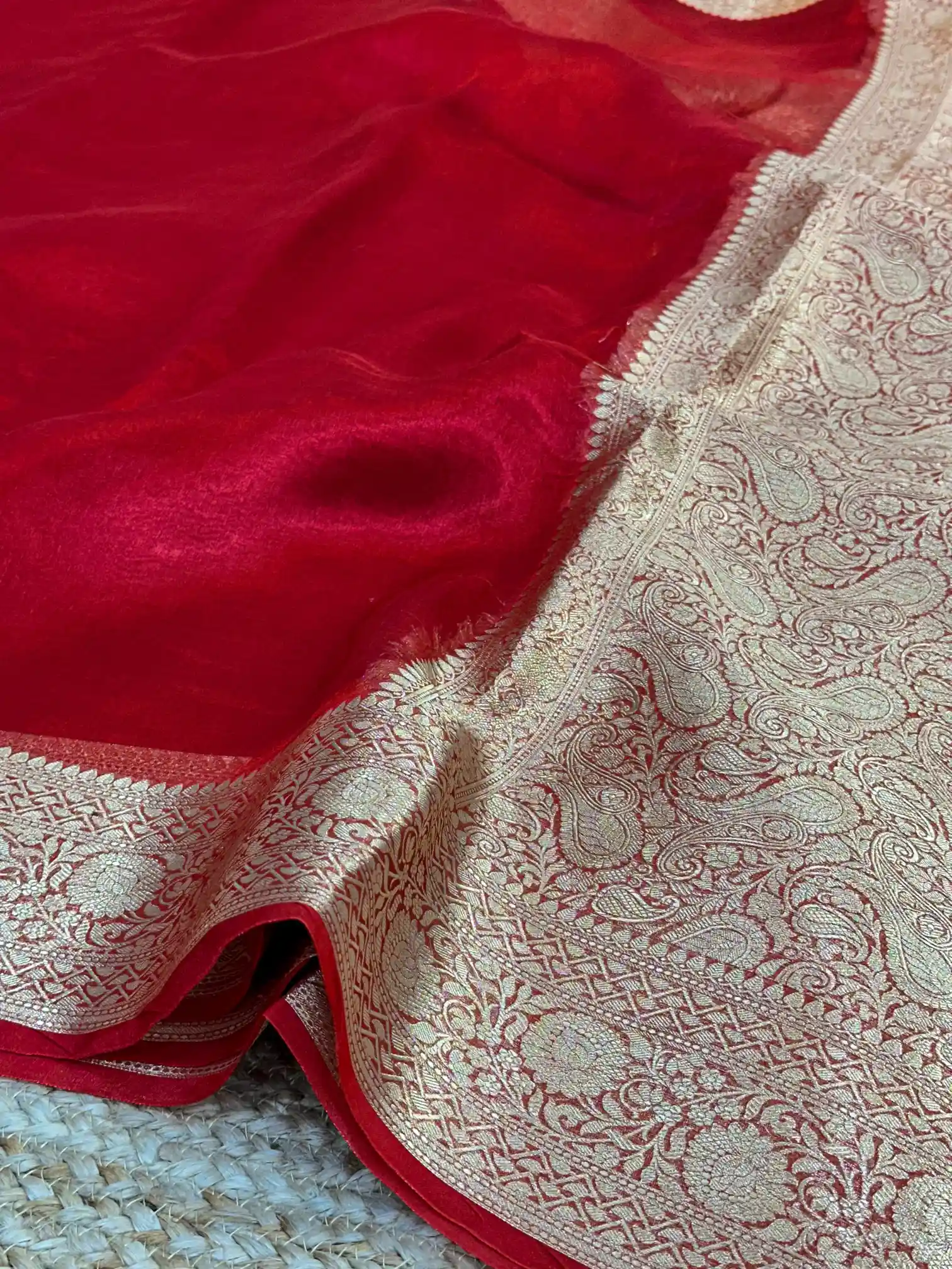 Carmine Red Pure Tissue Silk Banarasi Saree - Image 2