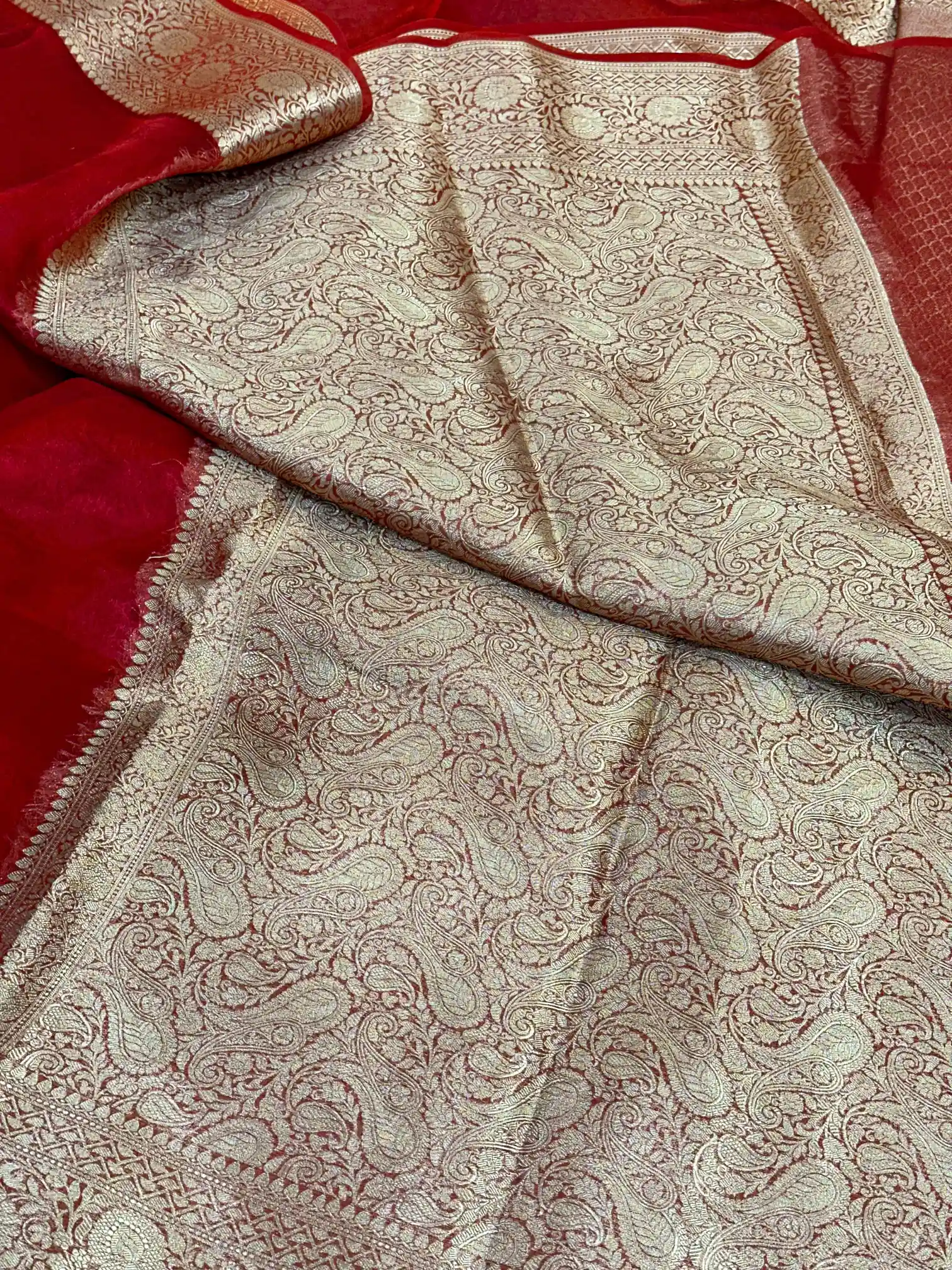 Carmine Red Pure Tissue Silk Banarasi Saree - Image 4