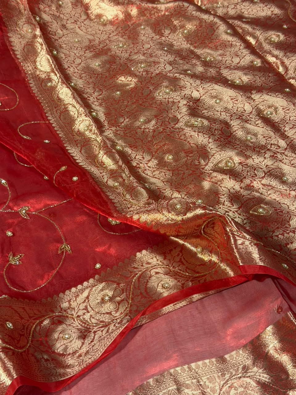 Carmine Red Pure Tissue Silk delicate Handwork Saree - Image 2