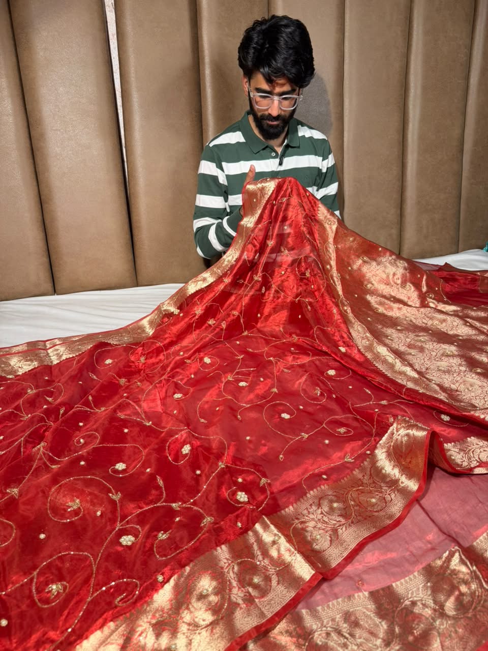 Carmine Red Pure Tissue Silk delicate Handwork Saree - Image 3