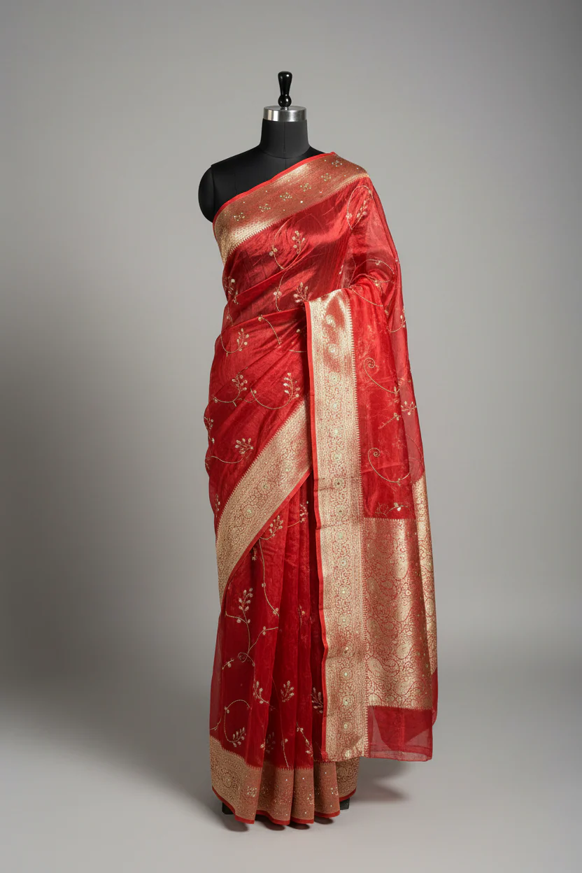 Carmine Red Pure Tissue Silk premium Handwork Saree - Image 4
